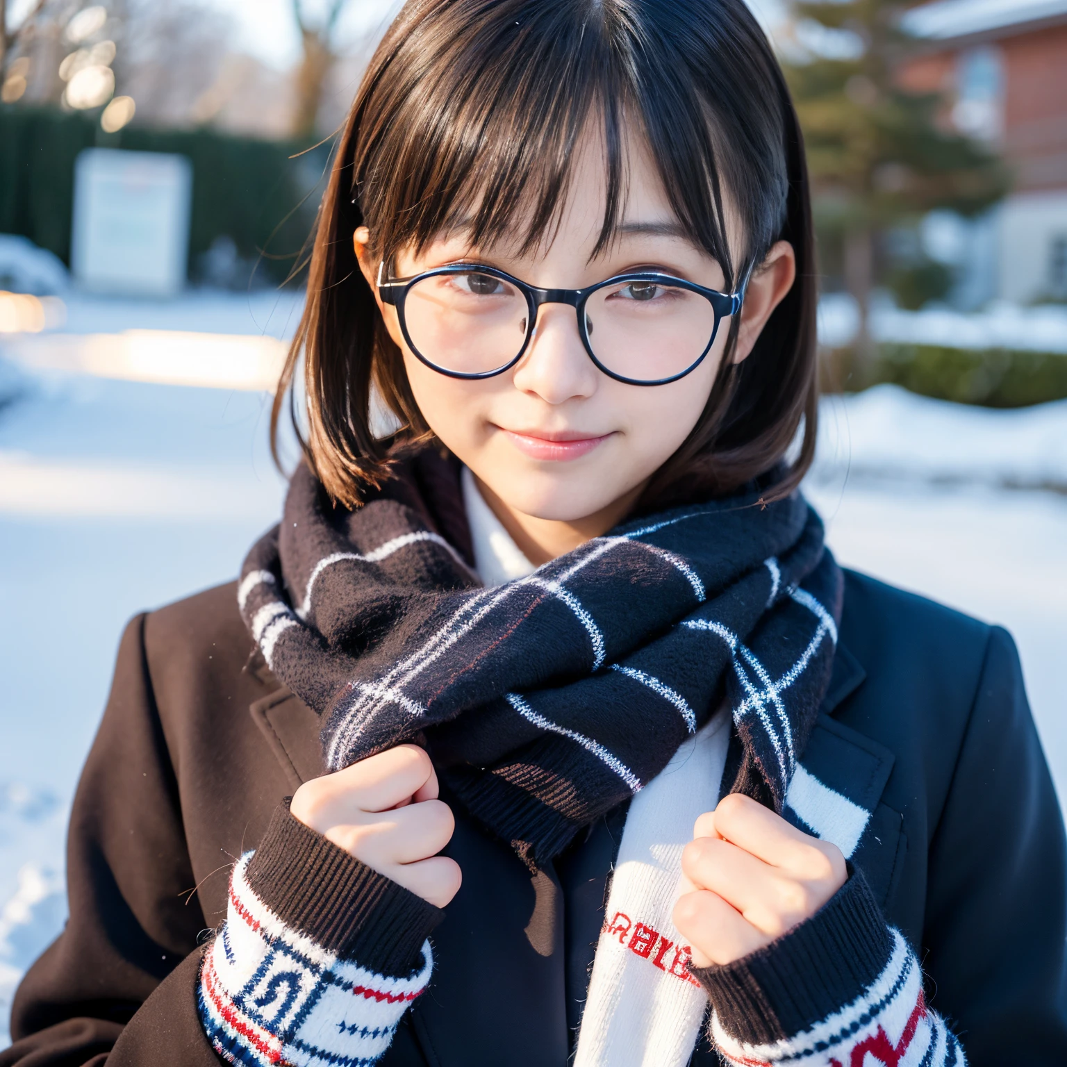 Best-quality, Masterpiece, Ultra-High-Resolution, (Photorealistic:1.4), Raw-Photo, Extremely-Details, Perfect-Anatomy,
in winter schoolyard,
1girl, 15-years-old, the most popular Japanese idol, (wearing Japanese high-school winter uniform, muffler with cute design, glasses with cute design), face focus, portrait, innocent smile, extremely cute face like a most famous Japanese idol, extremely beautiful big black solid eyes, extremely beautiful black short-cut-haired, extremely beautiful realistic white skins, extremely beautiful wet lips,
detailed Japanese high-school winter uniform, detailed muffler with cute design, detailed glasses with cute design