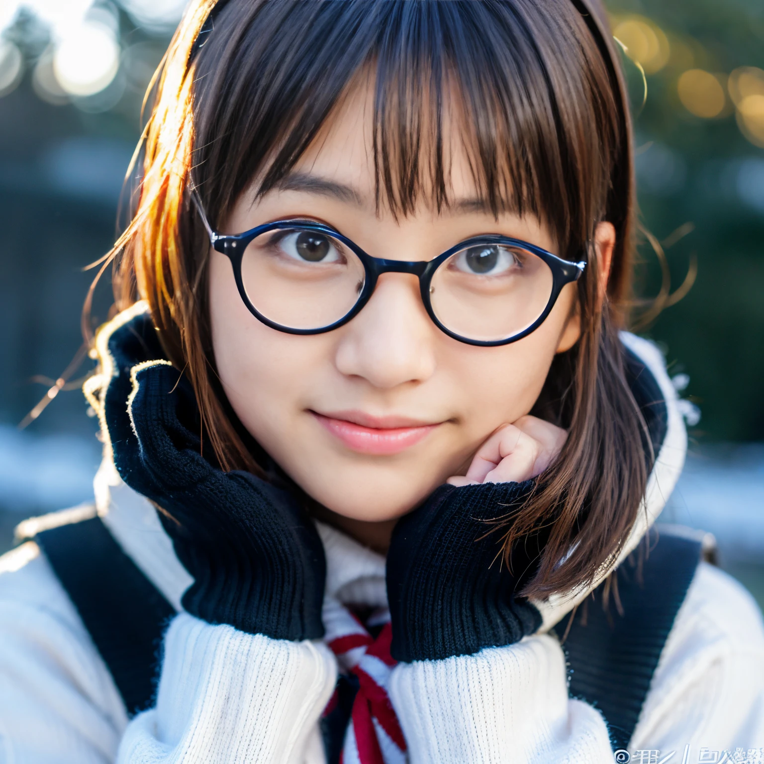 Best-quality, Masterpiece, Ultra-High-Resolution, (Photorealistic:1.4), Raw-Photo, Extremely-Details, Perfect-Anatomy,
in winter schoolyard,
1girl, 15-years-old, the most popular Japanese idol, (wearing Japanese high-school winter uniform, muffler with cute design, glasses with cute design), face focus, portrait, grinning, looking at viewer, extremely cute face like a most famous Japanese idol, extremely beautiful big black solid eyes, extremely beautiful black short-cut-haired, extremely beautiful realistic white skins, extremely beautiful wet lips,
detailed Japanese high-school winter uniform, detailed muffler with cute design, detailed glasses with cute design
