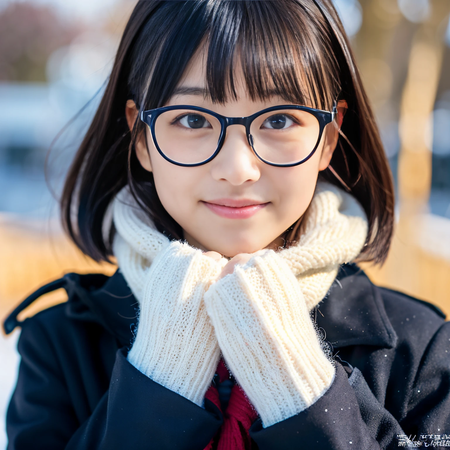Best-quality, Masterpiece, Ultra-High-Resolution, (Photorealistic:1.4), Raw-Photo, Extremely-Details, Perfect-Anatomy,
in winter schoolyard,
1girl, 15-years-old, the most popular Japanese idol, (wearing Japanese high-school winter uniform, muffler with cute design, glasses with cute design), face focus, portrait, grinning, looking at viewer, extremely cute face like a most famous Japanese idol, extremely beautiful big black solid eyes, extremely beautiful black short-cut-haired, extremely beautiful realistic white skins, extremely beautiful wet lips,
detailed Japanese high-school winter uniform, detailed muffler with cute design, detailed glasses with cute design