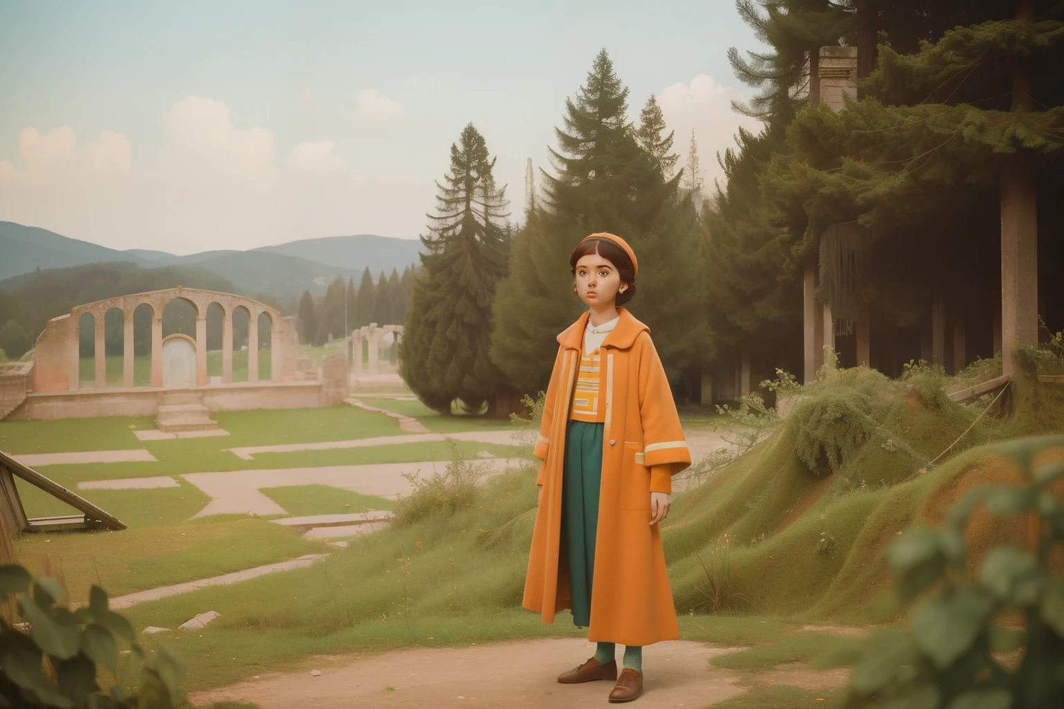 1965, Italy. Pre-raphaelite ((((-yeld)) o)), homeless girl, very messy hair, oversized coat, barefoot, in a round roman anphitheatre, ruins, pinetrees in the distance, ((((big and unkempt Clothing from the 1960s)))), ((short curly Hairstyle of the 1960s)), ((Wes Anderson cinematic style)), colorful