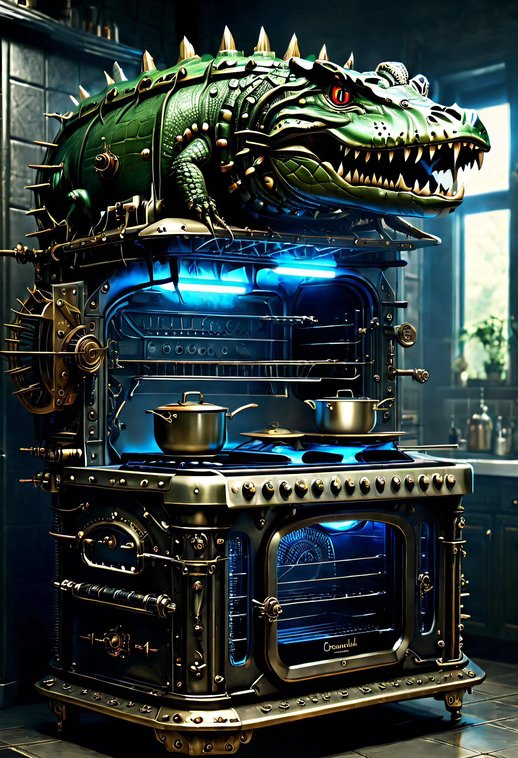 （Double layer electric oven in the shape of a crocodile），（crocodile monster），goth style，punk，Creative product design，Very unified CG，Complicated details， Background with：kitchen wasteland, sci fi art, ，Excellent，hyper realisitc，Thriller，dennis ruston style，