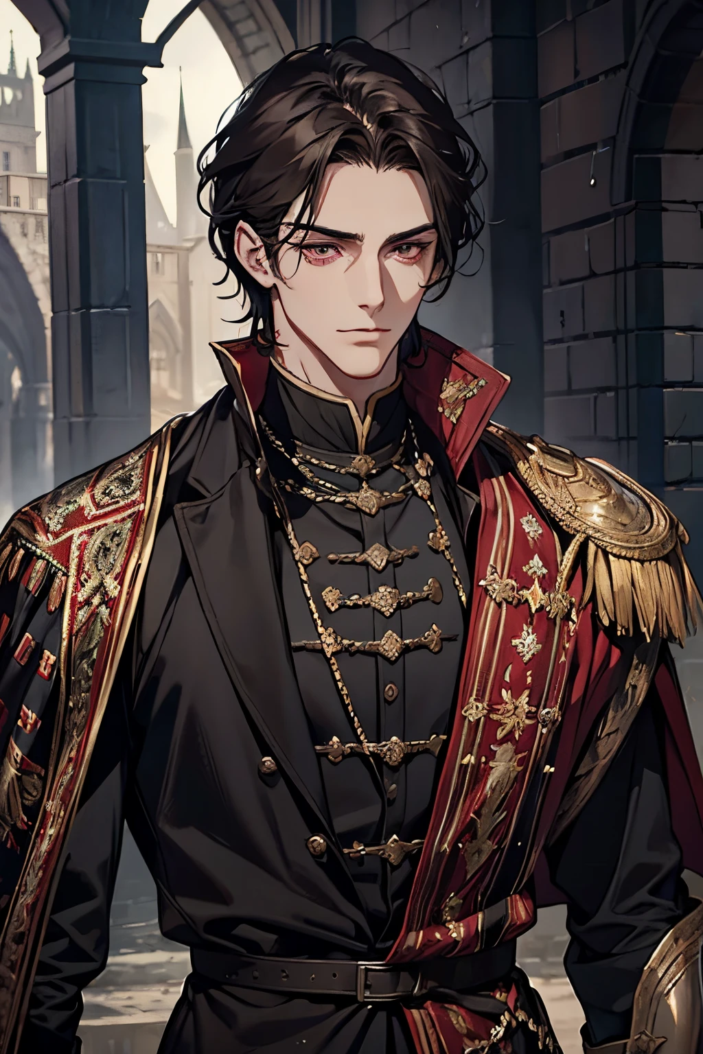 1 male, adult, adult face, beautiful, short tousled dark hair, dark red eyes, detailed eyes, tall and broad shoulders, black nobility clothing, strategist, handsome, condescending, medieval fantasy , upper body, condescending, medieval castle background, (soft coloring)