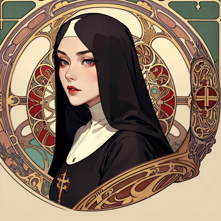 Nun smoking cigarette、Sharp eyes、美丽的面容、Beautiful eyes、Beautiful Nose、red-lips、art nouveau style、by mucha