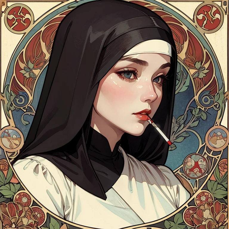 Nun smoking cigarette、Sharp eyes、美丽的面容、Beautiful eyes、Beautiful Nose、red-lips、art nouveau style、by mucha
