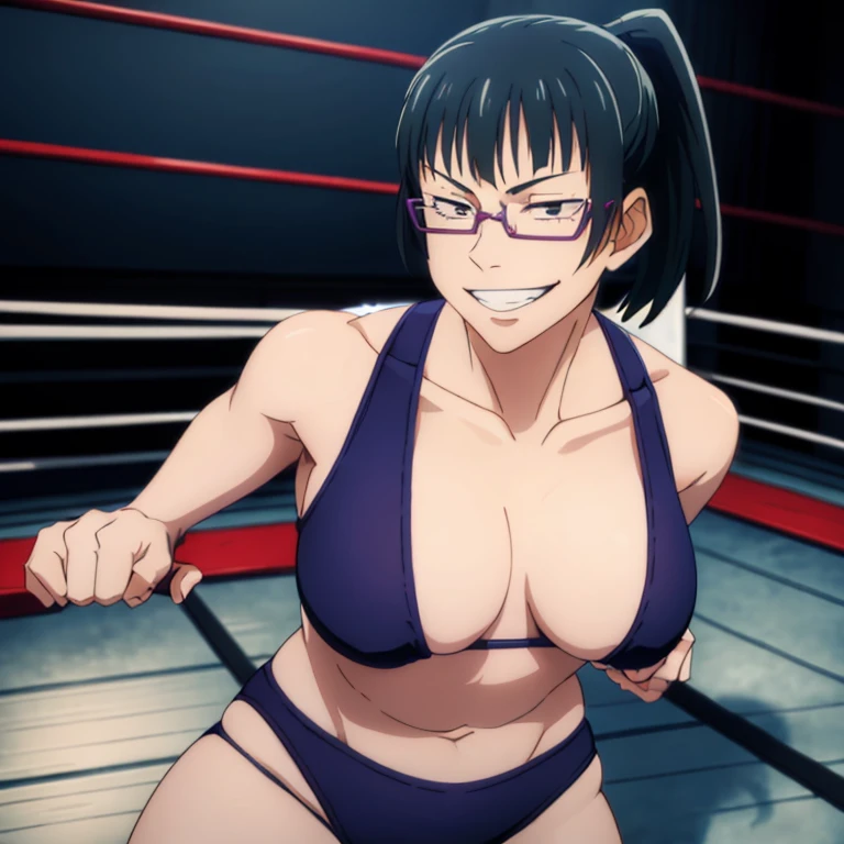 masterpiece,high quality,solo,
smile,teeth,
MakiZenin,1girl,
ponytail,
eyewear,
(Micro-bikini), (Fighting sexy pose), (Wrestling ring), (Big tits),