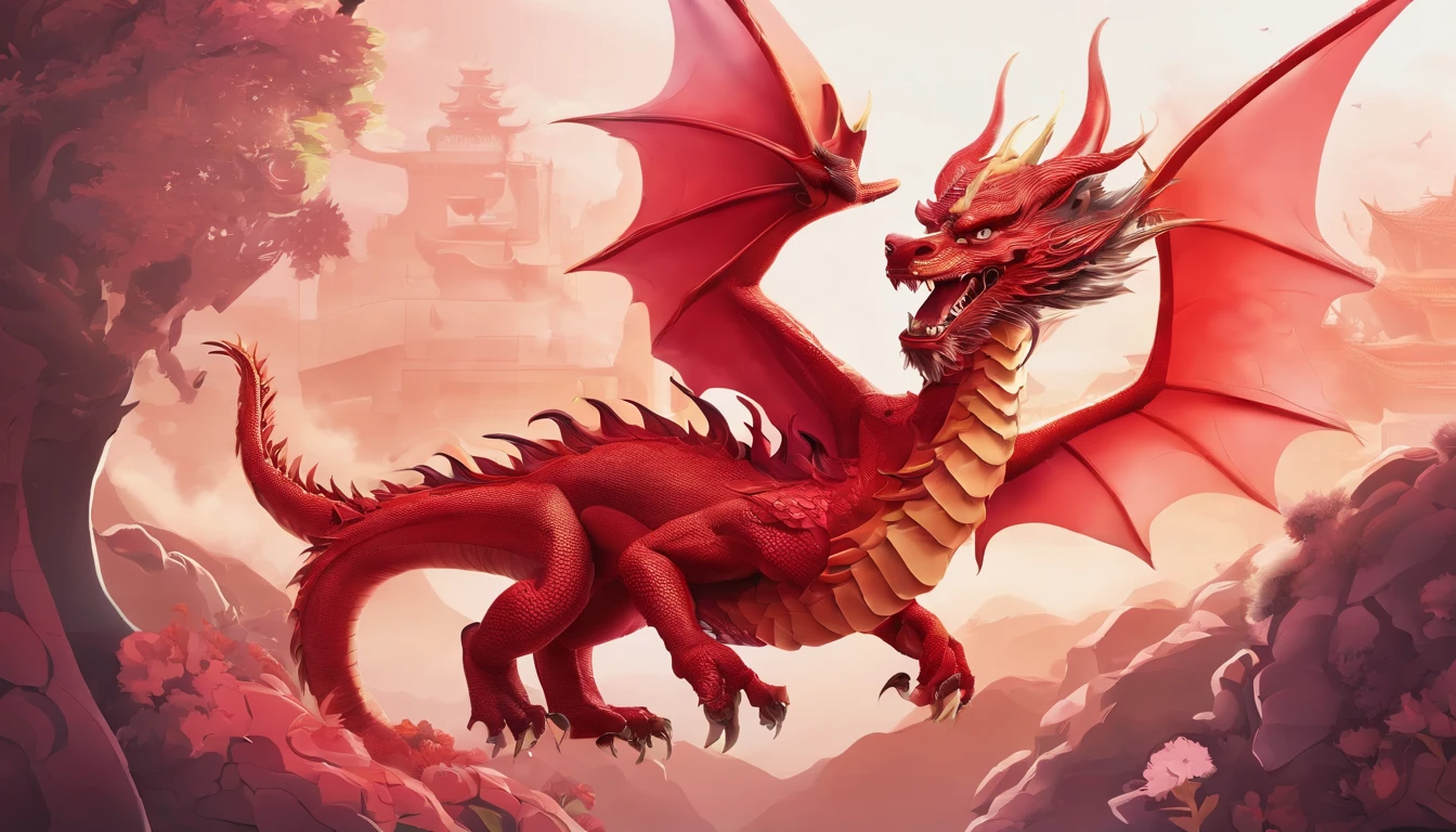 Very beautiful colorful cartoon dragon,red scene,geometric cloud,graphical,Large depth of field perspective,chinese fantasy,Dreamism,Vivid effects and details,Excellent picture quality,A high resolution