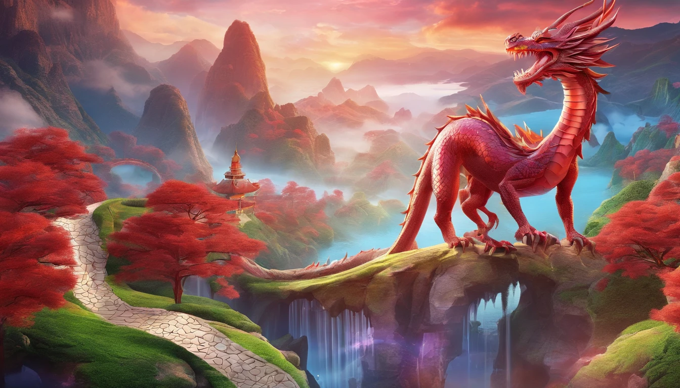 Very beautiful colorful cartoon dragon,red scene,geometric cloud,graphical,Large depth of field perspective,chinese fantasy,Dreamism,Vivid effects and details,Excellent picture quality,A high resolution