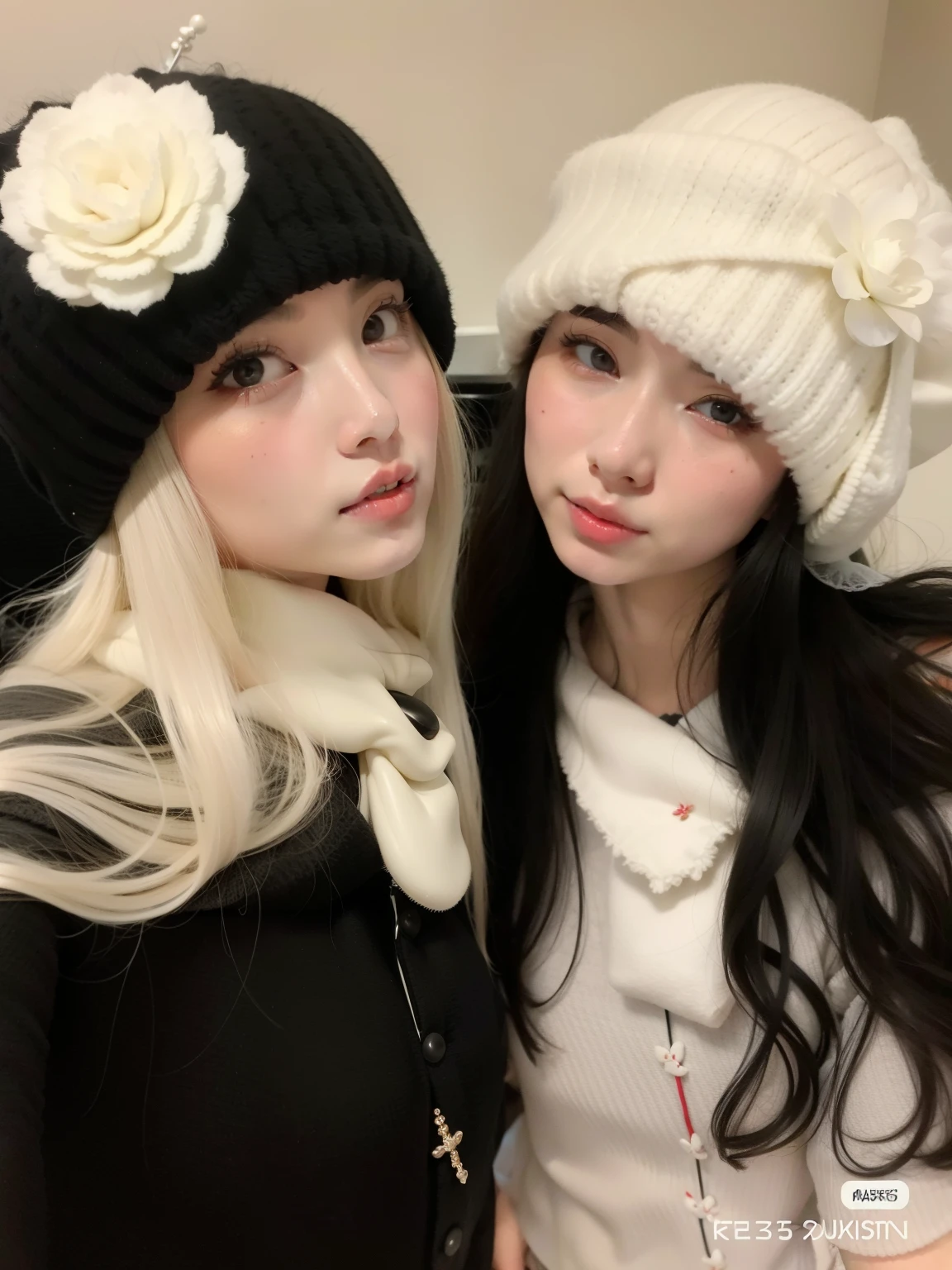 deux femmes portant des chapeaux et des foulards représentent pour une photo, Yoshitomo Nara et Aya Takano, aux cheveux longs blancs, Ulzzang, blanc et noir, porcelaine pâle peau blanche, avec de longs cheveux blancs, Ayami Kojima et Lyde Caldwell, Poupée articulée à rotule, peau blanche comme neige pâle, Nixeu et Sakimichan, cheveux noirs et frange blanche