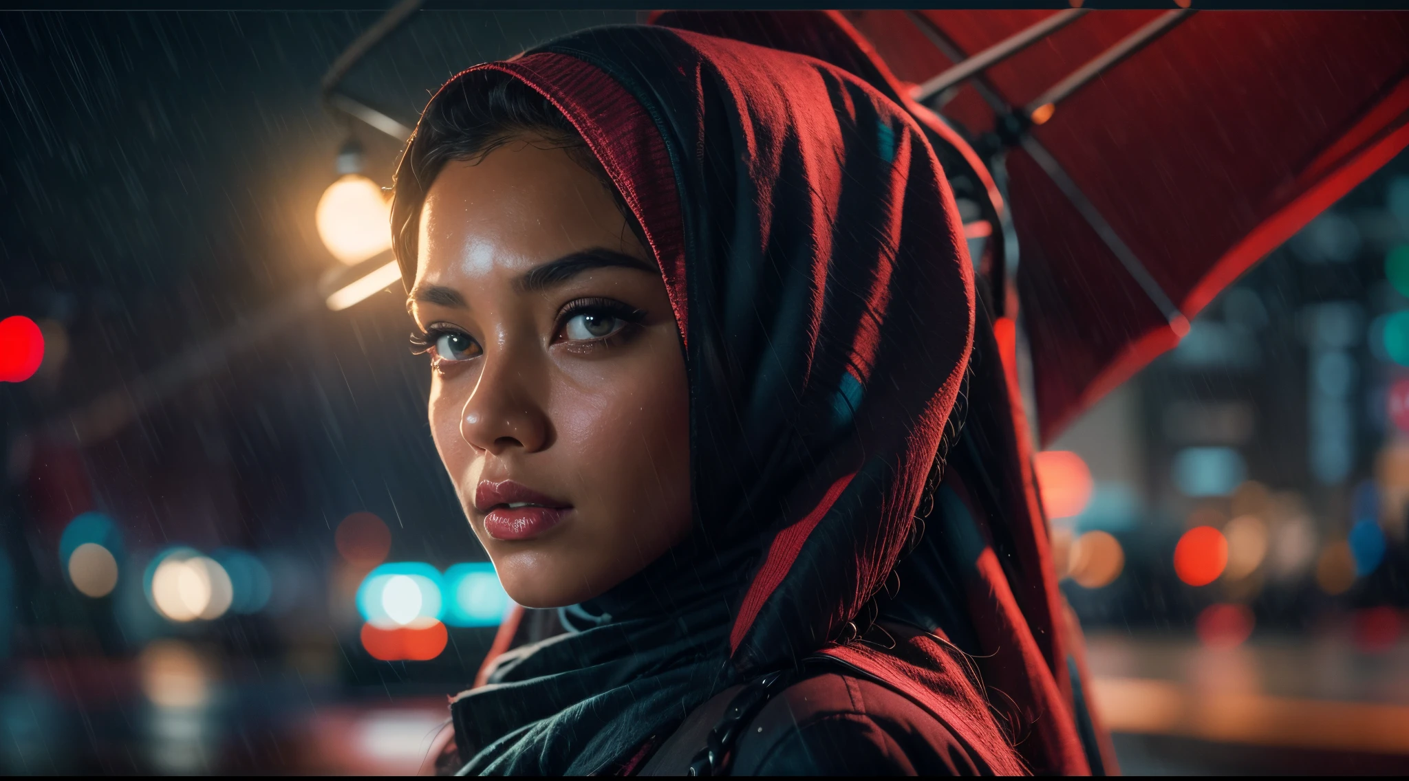 (
(Character: one Indian woman, Stocky)
(Clothing: black workout clothes, green hijab)
(Pose: upper body shot:1.7, dynamic pose)
(blurry, intense urban lights in background, green color scheme:1.3)
(Style: ((masterpiece:1.5)), (face detailed), photo-realistic:1.3, hyperrealistic, film grain, realistic lighting)