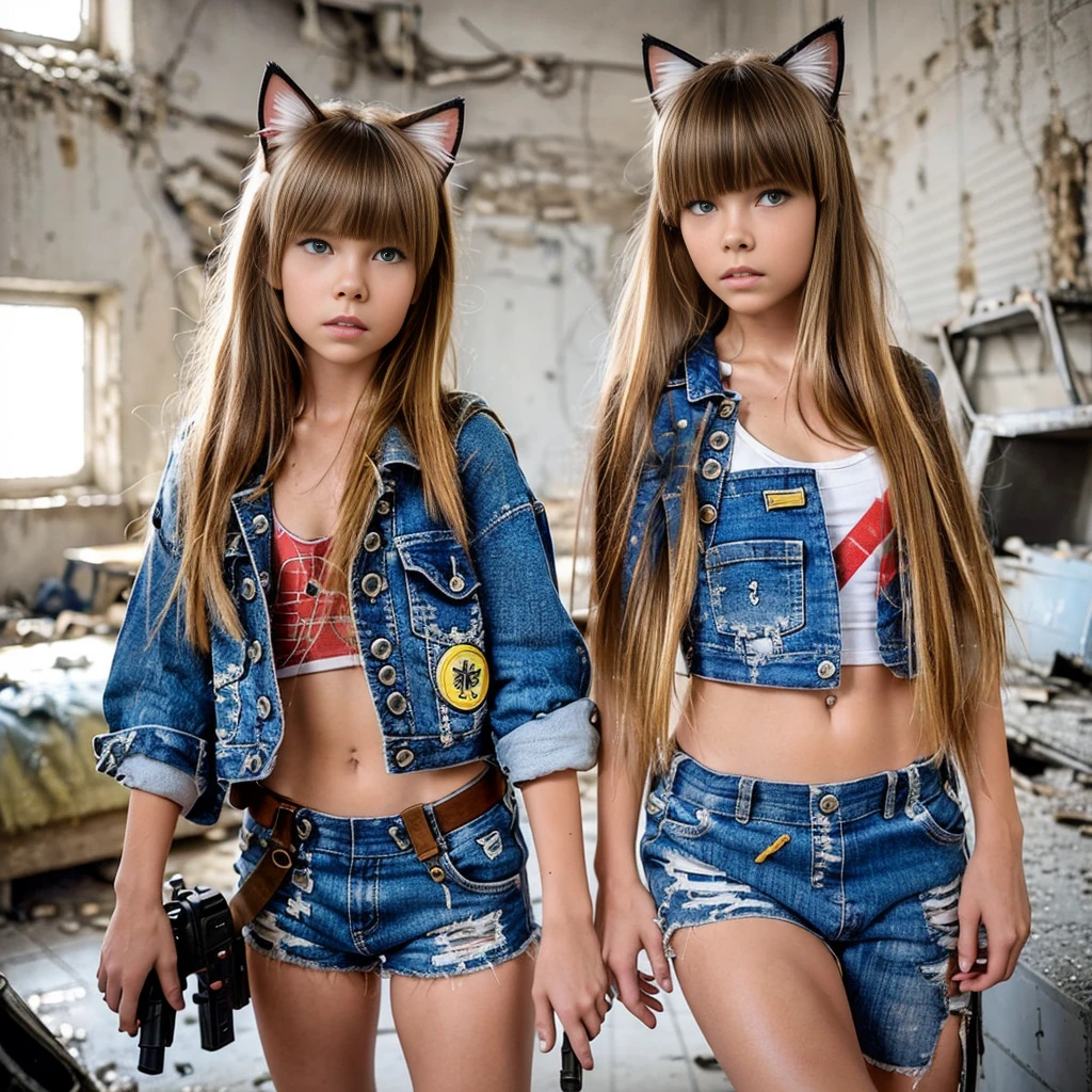 two 11 year old girls, dressed in cyberpunk overalls, one piece suits, light blue and yellow, with patches with radioactive emblems, in a apocalyptic ruin with guns next to them, cyberpunk helmets next to them, one wearing Cat ears with long blond hair, one wearing sunglasses with brown hair, hand guns on side, ripped clothes reveal part of breast, very short tops show bottom part of breast, small girls, short, short torsos and long legs, bed in background with weapons on the bed,