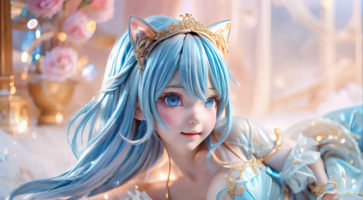 3d, full body, best detailed girl, depthoffield, breast squeeze, shiny, neat figure, beautiful detailed girl, 20 years old, long Bright wavy hair, flowing hair, Air bangs, beautiful and detailed loong tail, hair intakes, pale blue hair, Silky hair, extremely detailed cute anime face, seductive smile, furrowed brow, beautiful detailed deep eyes, cat ears, delicate hands, cleavage cutout, zettai ryouiki, pale blue eyes, Smooth skin, delicate gold metal decorations, flower, frilled dress, puffy short sleeves, translucent fluttering skirt, leg ribbon, bright color Clothes, landscapes, delicate glow, on bed, sparkle, refined rendering, extremely detailed CG unity 8k wallpaper, best quality, ultra-detailed,