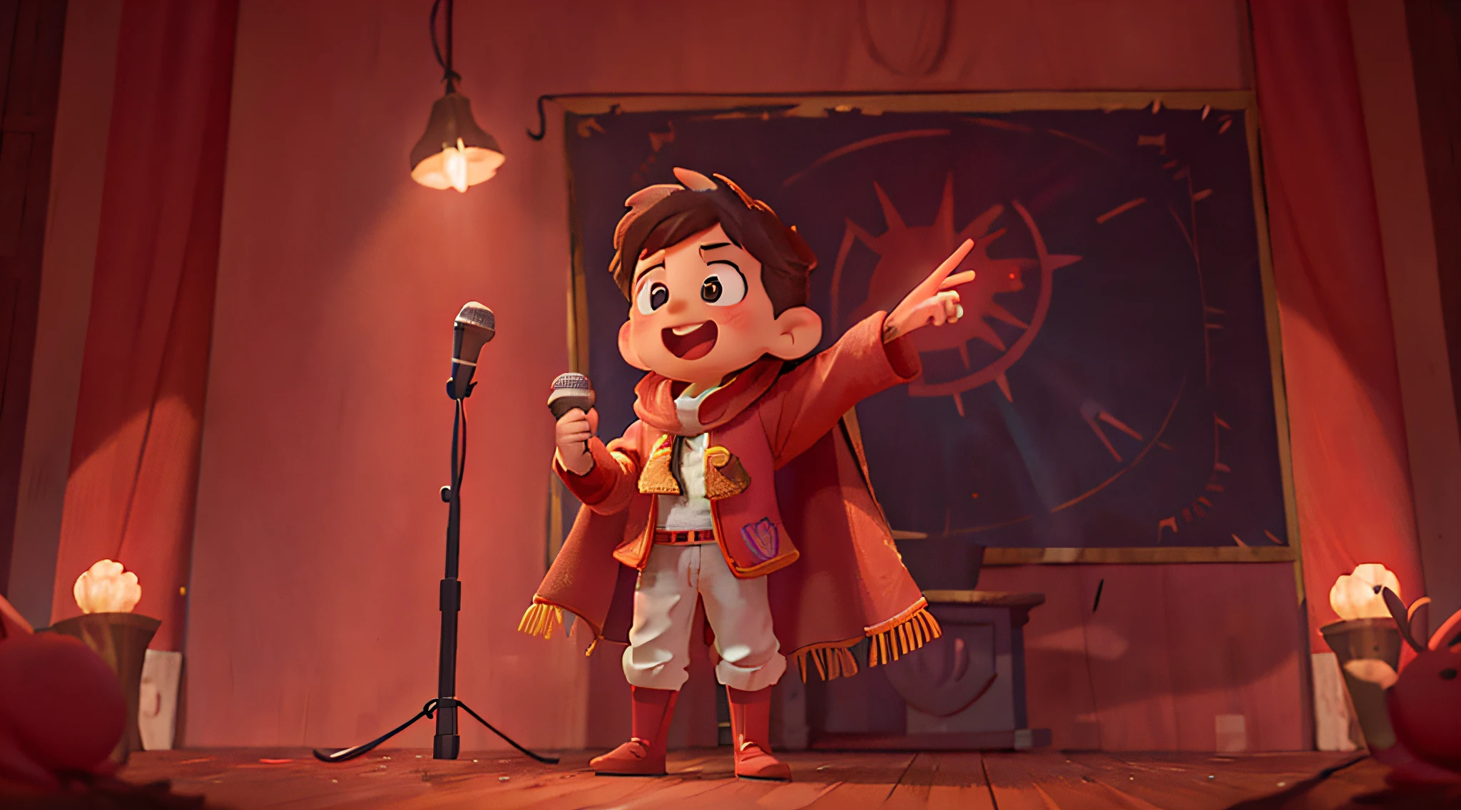 There is a child giving a speech and performance on a large stage，He is standing on the stage，one hand raised，The other hand holds the microphone，Wearing a red cloak behind，Happy expression，Warm lighting，spotlight lights，k hd，dream magical，Commercial illustration