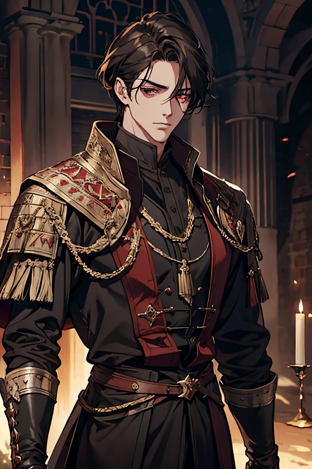 1 male, adult, adult face, beautiful, short tousled dark hair, dark red eyes, clear detailed eyes, tall and broad shoulders, black nobility clothing, strategist, handsome, condescending, medieval fantasy , upper body, condescending, medieval castle background, (soft coloring)