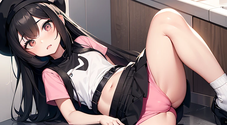The woman has long black hair down to her waist, wears a cute pink hat, wears pink casual clothes and wears a fairly small skirt with white socks covering her legs up to her thighs, her expression looks like she is panicking and screaming, She is in the bathroom. Pregnant with an egg and the uterus produces white fluid and falls on the floor. and there are blackish green eggs around it