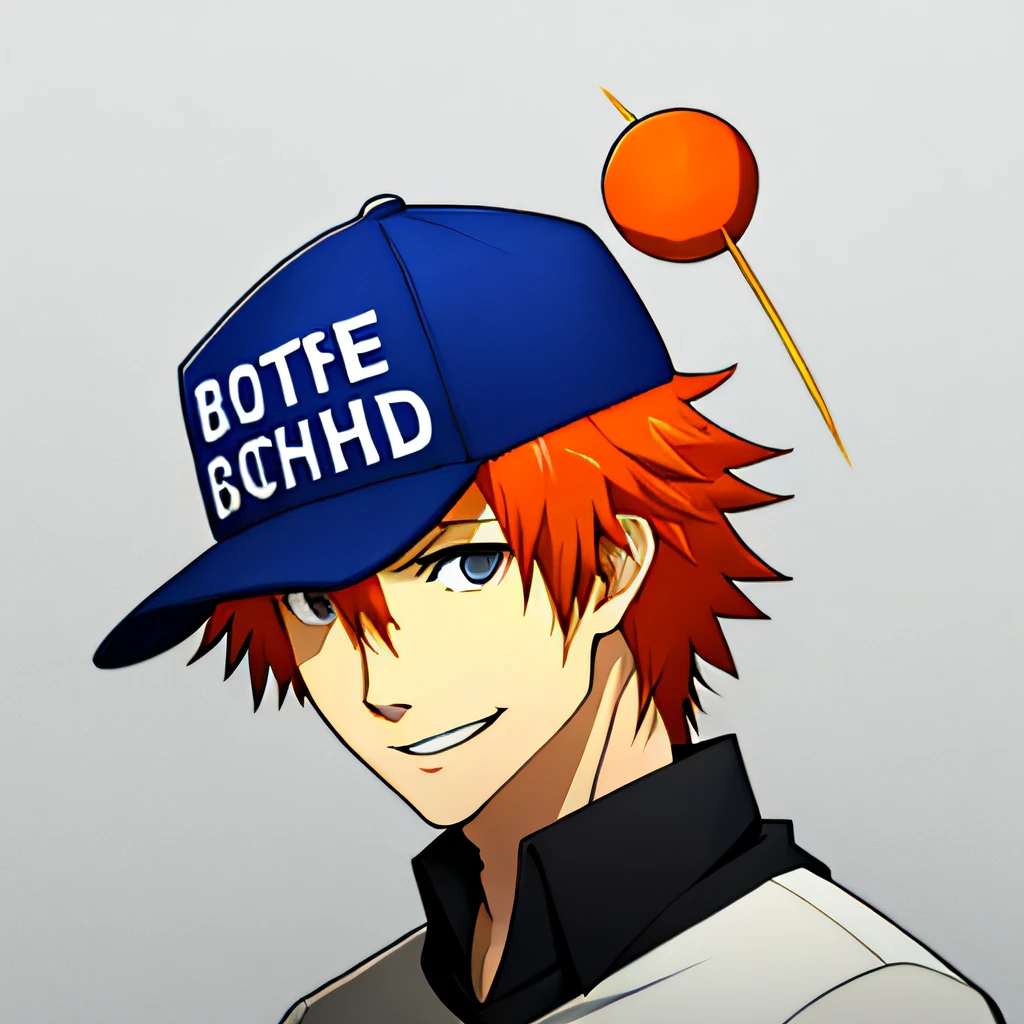 portrait, solo, baseball cap, 1boy, (white background, simple background), orange hair, spiky hair short hair, blue eyes, black school uniform, silly smile, goofy, ahoge, grey eyes