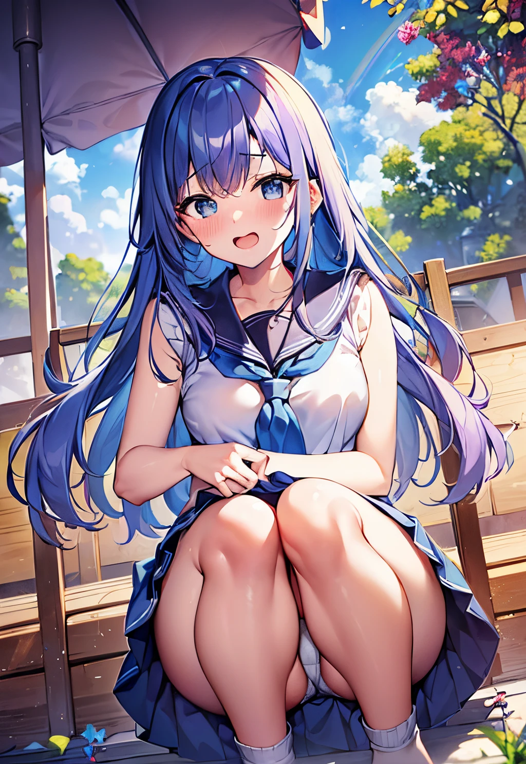 (masterpiece:1.2), best quality, highres, original, (extremely detailed:1.2), ultra-detailed, wallpaper, perfect lighting,(extremely detailed CG:1.2), 8k, anime illustration, 1girl, solo, (rainbow hair, open the mouth, happy, embarrassed, sailor clothes, sailor collar, blue pleated skirt:1.24), (pantyshot, {delicate|detailed}panties:1.34), (squat down:1.15), outdoor, unity 4K