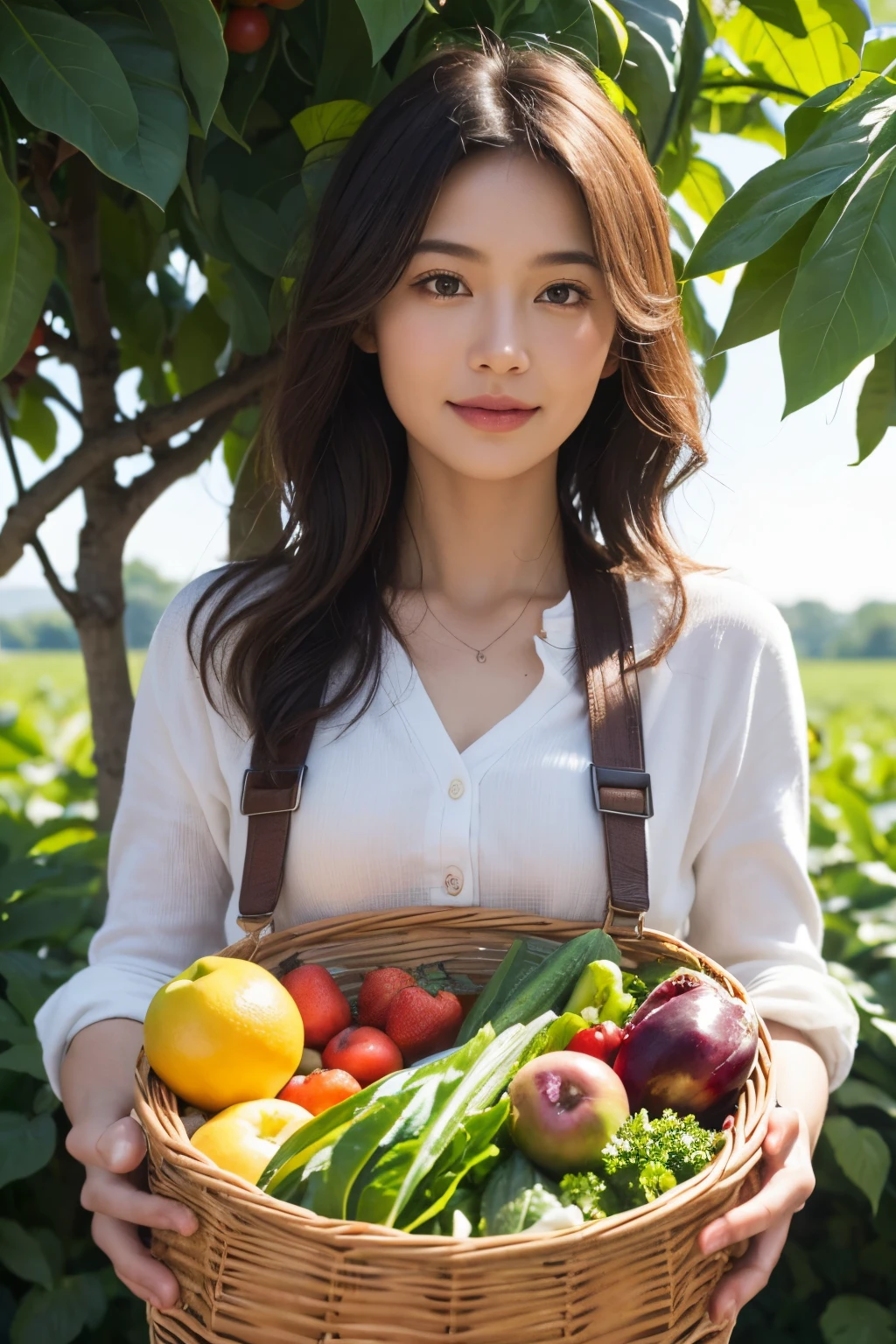 (a girl holding a basket)organic fruits and vegetables, vibrant colors, fresh-picked, nutrient-rich, (best quality, highres) detailed textures, (realistic) lifelike appearance, (sun-kissed lighting), (organic farming), (healthy lifestyle), (bountiful harvest), (natural beauty), (wholesome nourishment), (sustainable agriculture), (farm-to-table), (juicy, succulent:1.1) fruits, (crisp, leafy:1.1) vegetables, (naturally grown), (nutrient-dense), (diverse variety), (abundance), (exquisite detailing), (farm fresh), (locally sourced), (organic market), (culinary delights), (foodie's paradise), (colorful assortment), (mouthwatering flavors), (culinary perfection), (garden-fresh), (deliciously ripe), (sumptuous feast), (meticulously cultivated), (farmers' pride), (blossoming beauty), (wholesome goodness), (healthy indulgence), (gastronomic adventure), (delightful aroma), (feel-good flavors), farm-fresh ingredients