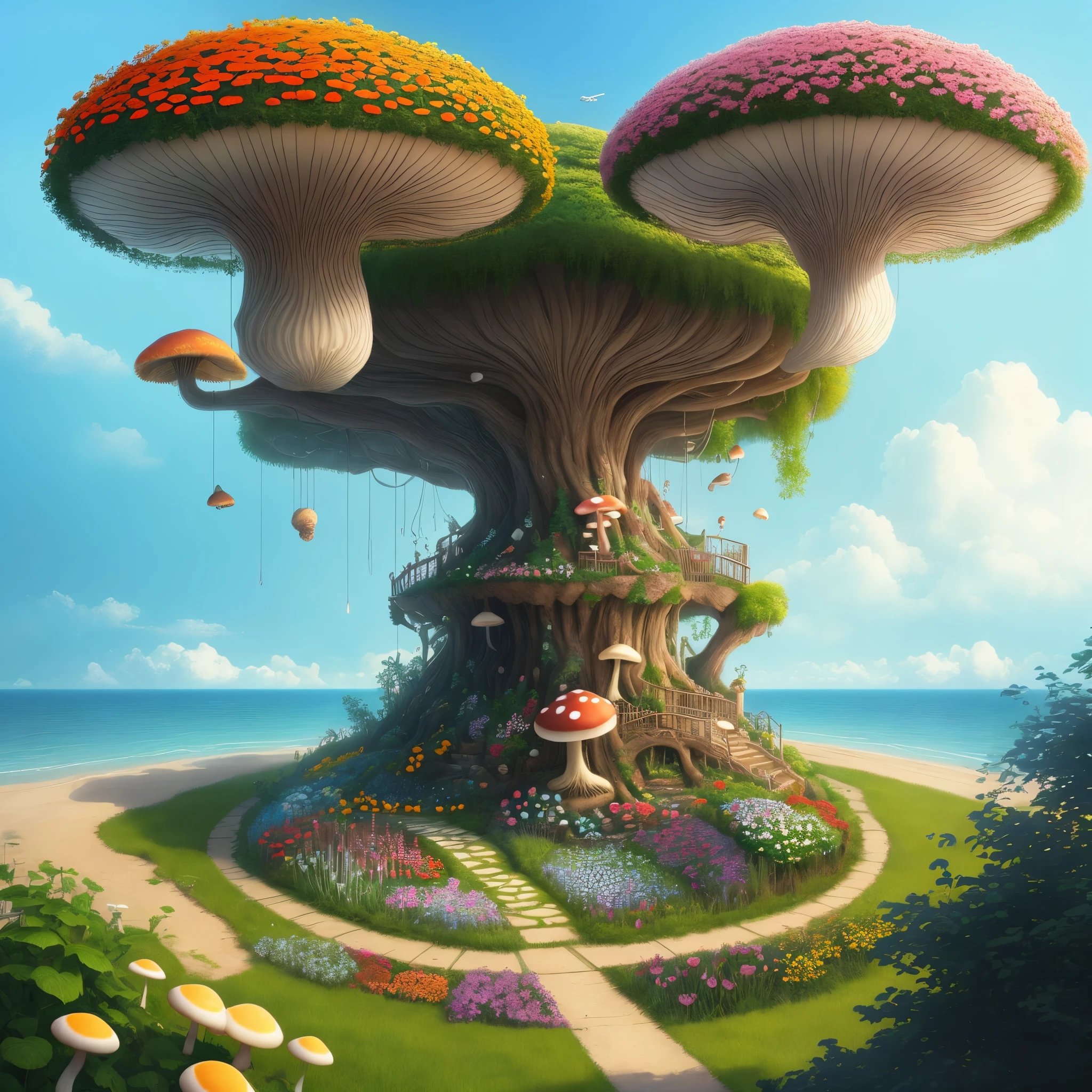 Imagine a mushroom garden, one plane in the sky, sea next to it, many flowers, realistic.