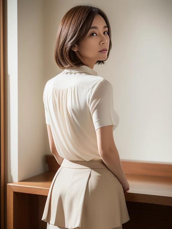masuter piece, top-quality, masterpiece, hight resolution, Photorealsitic, Raw photography, 8k wallpaper, flawless, profetional lighting, ighly detailed, depth of fields, ((One beautiful woman)), ((40 years)), Female sexy, Classroom, ((blouse, White flared skirt)), Detailed face, beautidful eyes, bangss, small breasts of good shape, Light Brown Straight Hair, Faint lips, ((Stand with your back turned and look at the viewer with a serious face)), The bra is visible through the blouse, Panties can be seen through the white skirt,Emphasis on the buttocks, knee out of frame,