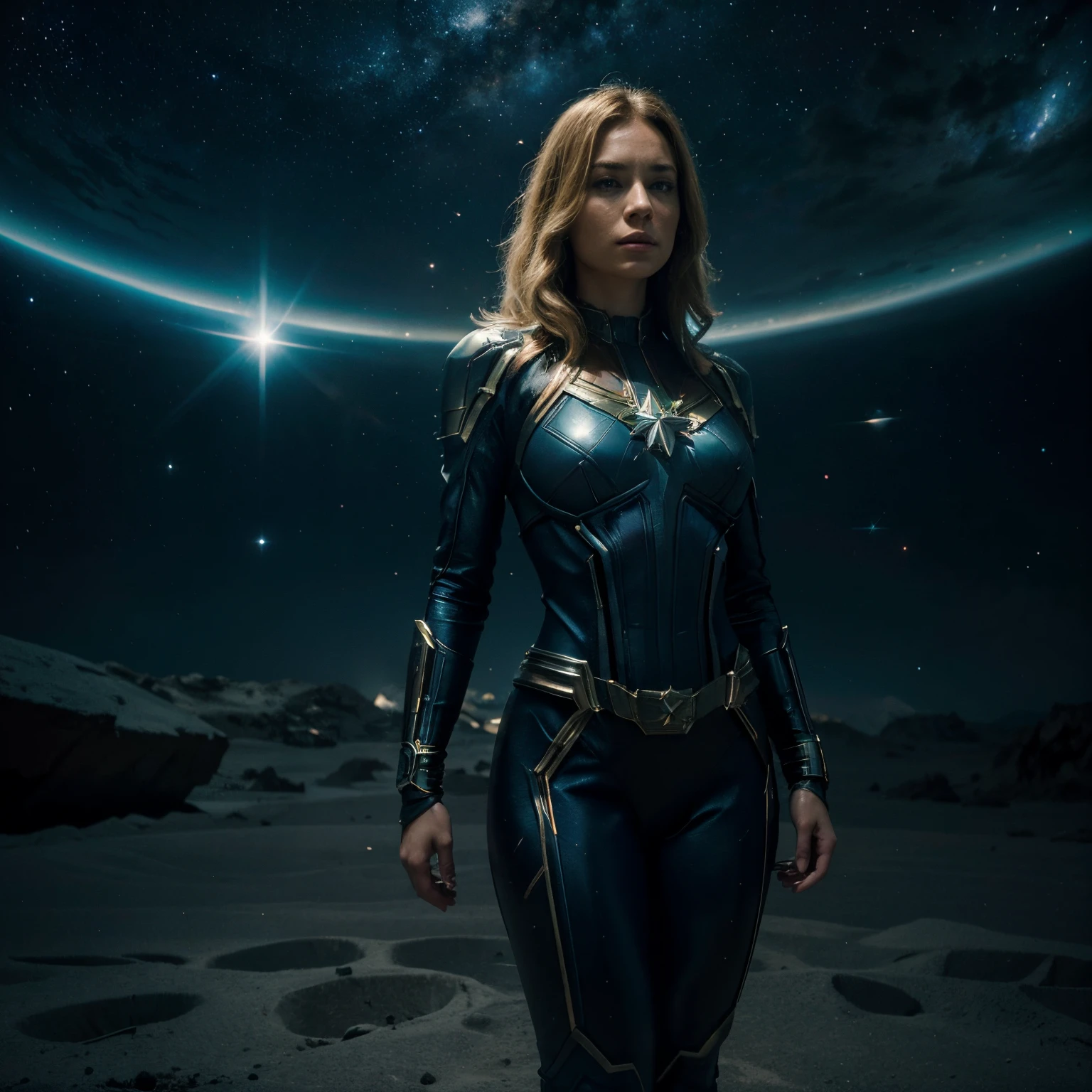 (best quality,4k,8k,highres,masterpiece:1.2),ultra-detailed,(realistic,photorealistic,photo-realistic:1.37),captain marvel,female superhero,space travel,cosmic landscape,bright stars,galaxy-filled background,vibrant colors,powerful pose,mesmerizing eyes,long blonde hair,glowing energy,serious expression,majestic presence,sci-fi theme,superhero costume,inspiring,mysterious atmosphere,studio lighting,dynamic composition,elegant posture,sharp focus,stellar outfit,awe-inspiring,interstellar adventure,celestial beauty,heroic presence,extraterrestrial setting,luminous aura,endless vastness,divine power,otherworldly charm,magical vibes,action-packed scene,motion blur,immersive experience,cosmic rays,distant planets.