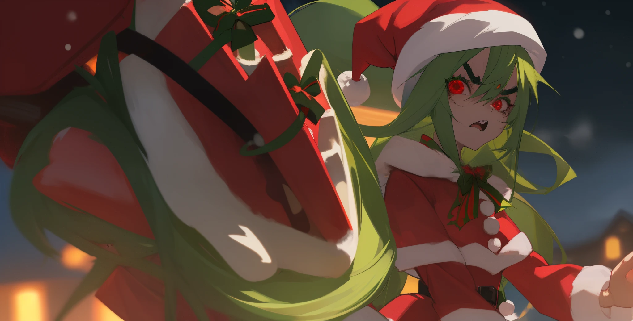 anime girl, christmas, angry, bitchy, green hair, evil, wicked, santa outfit, strong eyebrows, red eyes, stealing christmas, snow, santa hat