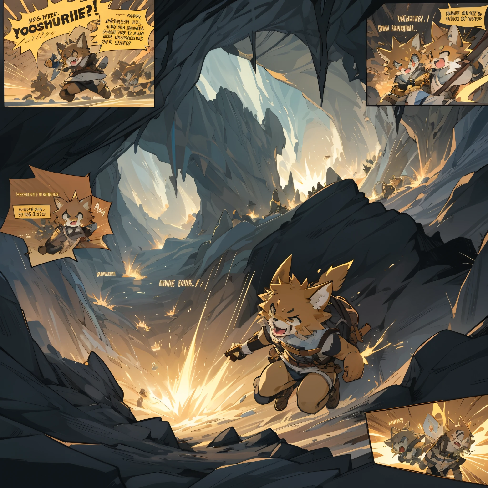cover_page, highres, comic-like panel layouts, speech balloon, English text, Hand-drawn sound effects stickers used in comic, top quality, best quality, paid reward available, High-quality illustrations, unparalleled masterpiece, perfect artwork, absurdres, super high resolution, detailed background, A cave where jewels are clustered, 6+boys, 6+girls, Happy, joyful(Photos of solo travelers)(kemono, furry anthro)(emotions, hentai comic to represent actions, motion blur, trembling)assorted poses, assorted angles, assorted facial expression, cinematic lighting, dynamic angle, from side, from above,