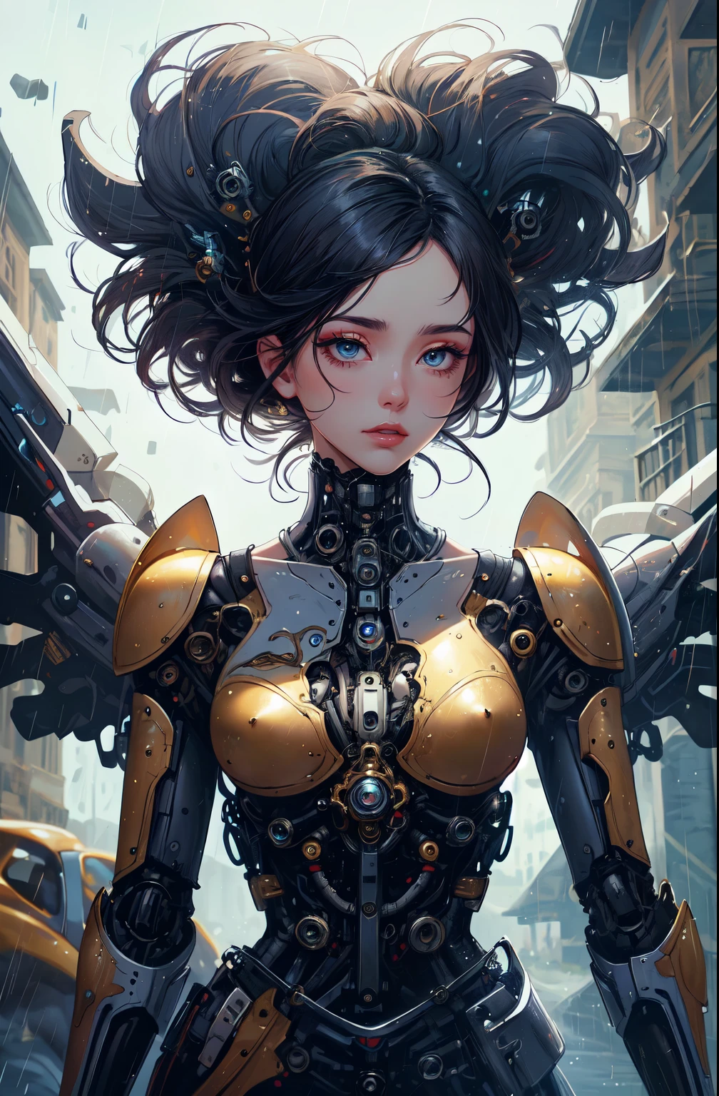 ((masterpiece)),(best quality), ((aristocrats 1girl android)), realmech, ((cinematic)), ambient occlusion, Nvidia ray tracing, dynamic:1.2, (absolutely eye-catching), (mechanical parts:1.3), rain:1.3, dynamic pose:1.3, makeup, (medieval:1.7), (elegant medieval dress), from below:1.2, beautiful eyes, shadows, (rain:1.2), (close shot:1.2), dark, high contrast, beautiful face