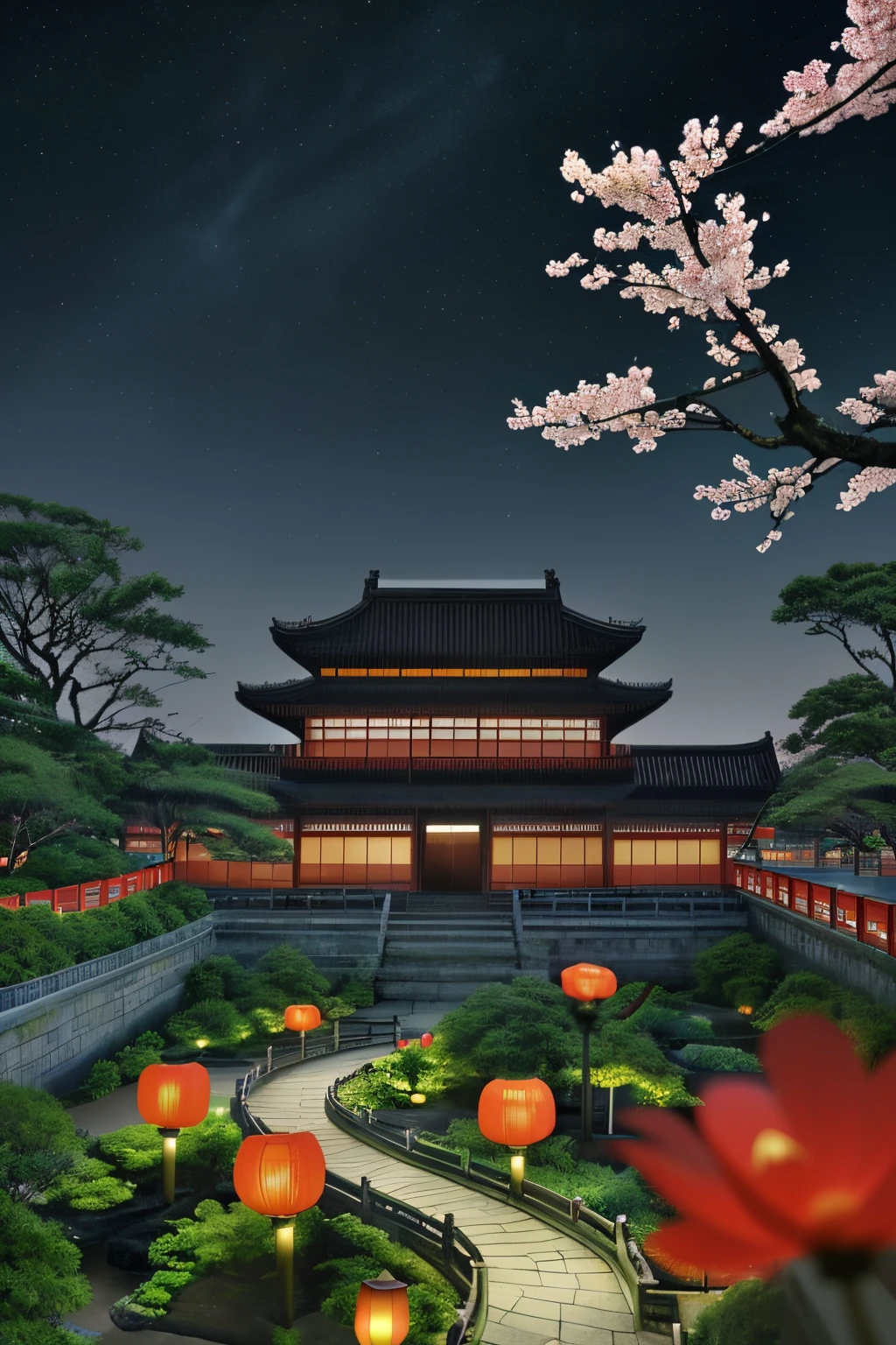 Microlandscape:1.8,Faraway view,High viewing angle lens),Antique game scene design,Jiangnan Ancient Town,Black night sky,natta,starrysky,lanterns,big trees,Flowers,Flowers in the bushes,trees blossom,Sakura architecture,Antique carved door beam,Chinese ink V-Ray rendering sculpture,8k ,Nikon 750