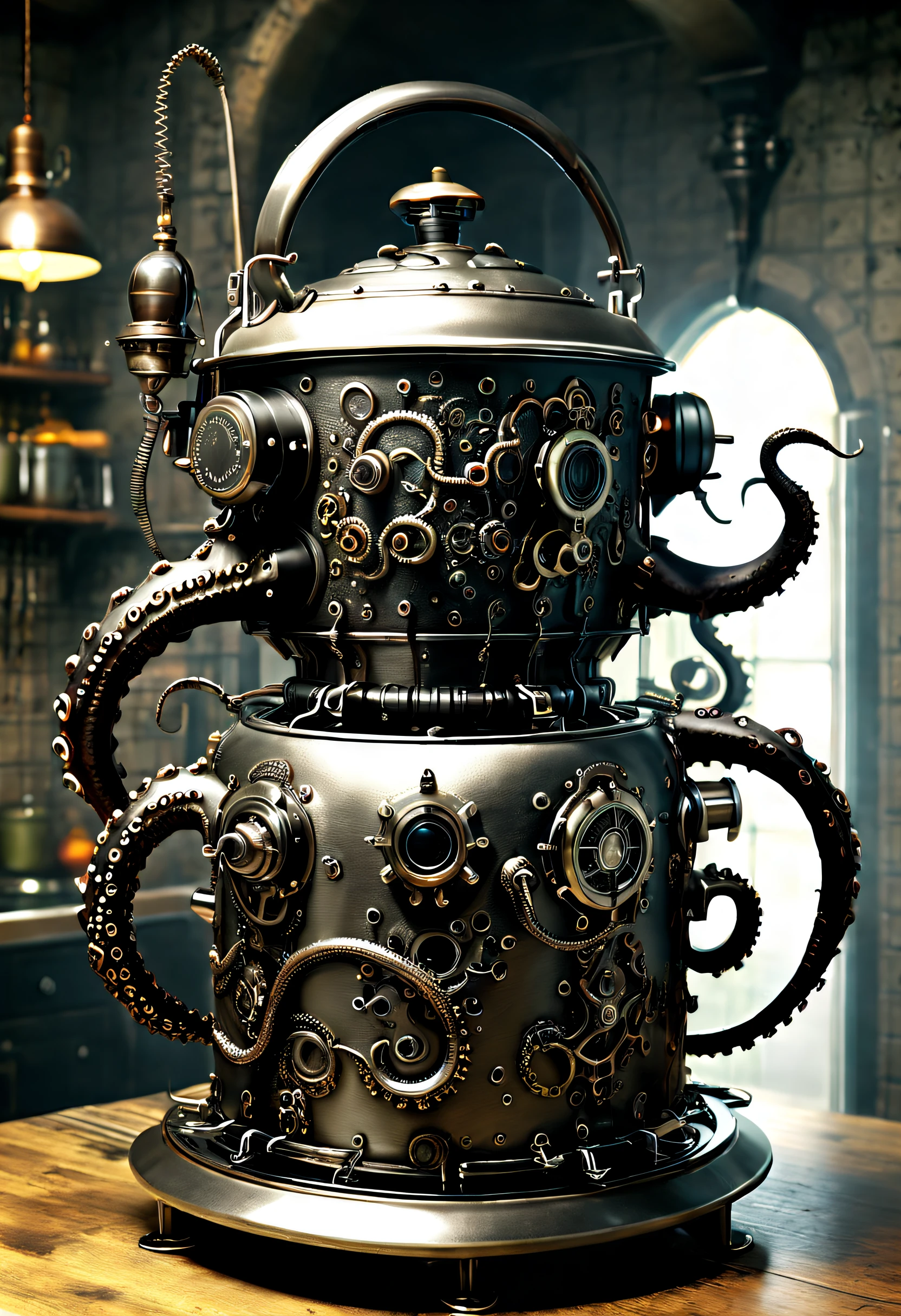 （Double layered rice cooker in the shape of octopus），（crocodile monster），goth style，punk，Creative product design，Very unified CG，Complicated details， Background with：kitchen wasteland, sci fi art, ，Excellent，hyper realisitc，Thriller，dennis ruston style，