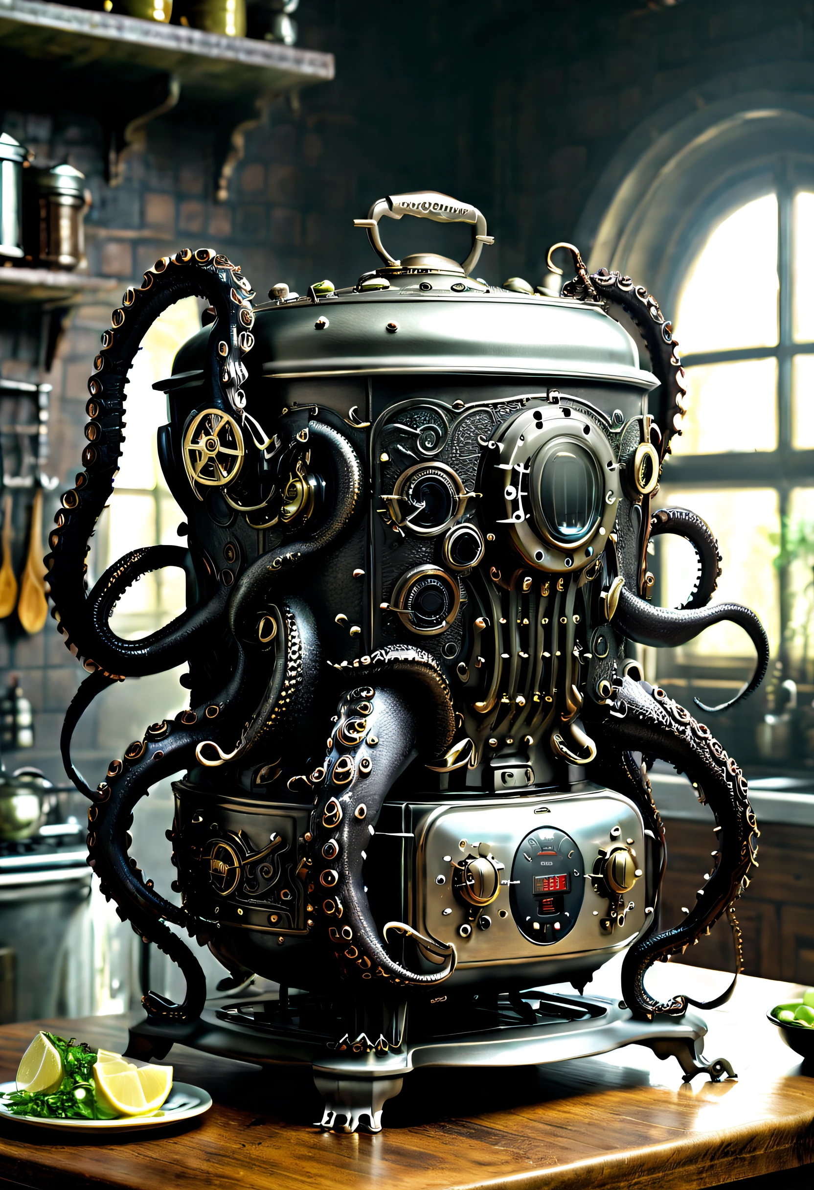 （Double layered rice cooker in the shape of octopus），（crocodile monster），goth style，punk，Creative product design，Very unified CG，Complicated details， Background with：kitchen wasteland, sci fi art, ，Excellent，hyper realisitc，Thriller，dennis ruston style，