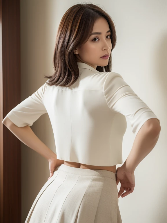 masuter piece, top-quality, ​masterpiece, hight resolution, Photorealsitic, Raw photography, 8k wallpaper, flawless, profetional lighting, ighly detailed, depth of fields, ((One beautiful woman)), ((40 years)), Female sexy, ‎Classroom, ((blouse, White flared skirt)), Detailed face, beautidful eyes, bangss, small breasts of good shape, Light Brown Straight Hair, Faint lips, ((Stand with your back turned and look at the viewer with a serious face)), The bra is clearly visible through the blouse., Her panties are clearly visible through her white skirt.,Emphasis on the buttocks, Erotic, knee out of frame,