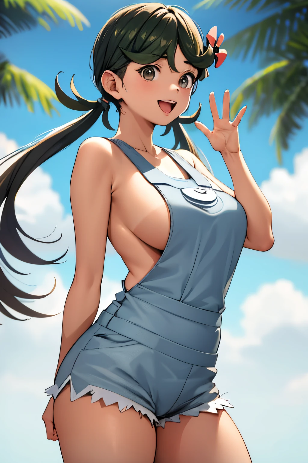 masterpiece, best quality, defmallow, twintails, hair flower, hair ornament, grey overalls, sleeveless, topless overalls, grey shorts, large breasts, looking at viewer, cowboy shot, :D, waving, forest, blue sky, ((tanned skin)), mature woman, 25 years old,