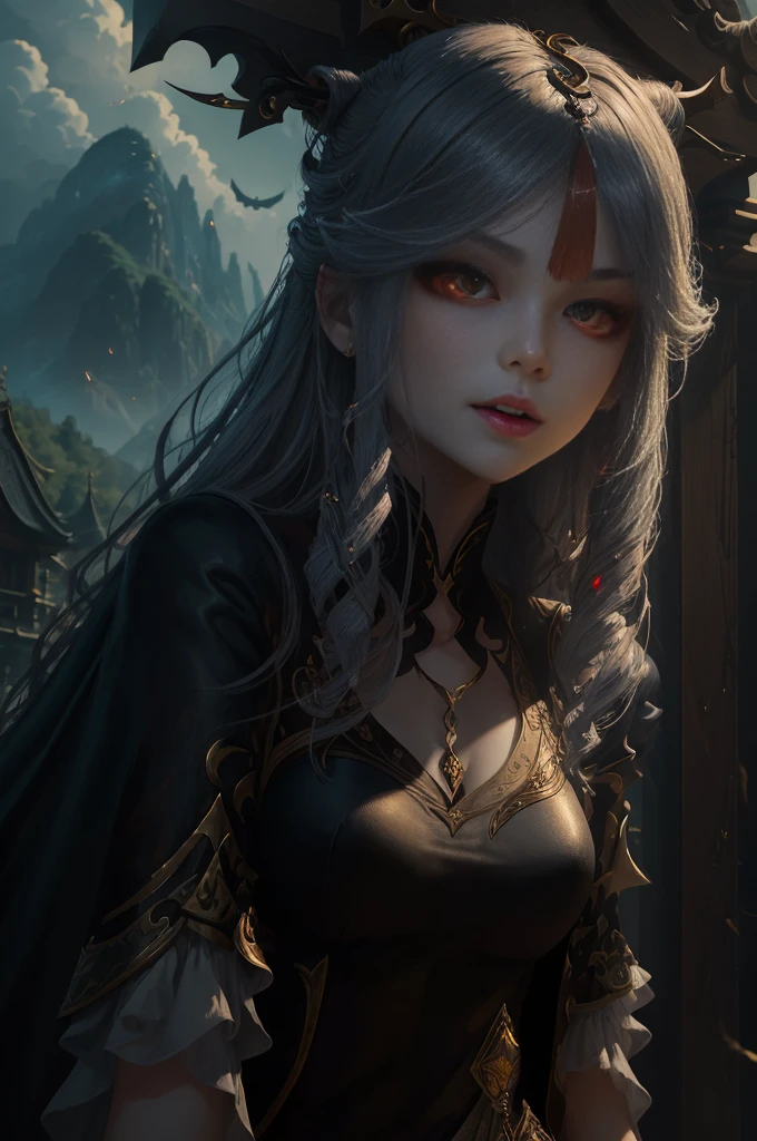 Vampire Girl , Masterpiece, ,(独奏:1.1), a perfect face, (vivid lighting:1.2),beautiful detail eyes, extremely detailed face, perfect  lighting,Masterpiece, Best Quality, 1girl, pale skin, hairlong, 20years old , red eyes, fangs, A glass of blood in his hand, Complex hairstyle, vampire fangs, open mouth, sharp teeth, vampire fangs, in full height , seductive position, upper-body, ssmile, blushful, En plein air, jour, Simple background, blue skies,hairlong, The sky, temple, looks at the viewer, ladder, mountain, Gloomy lighting, facing the viewer,vivid eyes