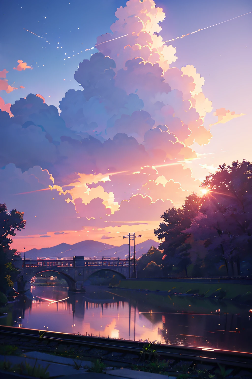 Anime scene with train passing under pink and purple sky, anime drawing by Makoto Shinkai, trending on pixiv, magic realism, beautiful anime scene, cosmic sky. by makoto shinkai, ( ( makoto shinkai ) ), by makoto shinkai, anime background art, makoto shinkai style. Detail enhancement, perfect detail processing.