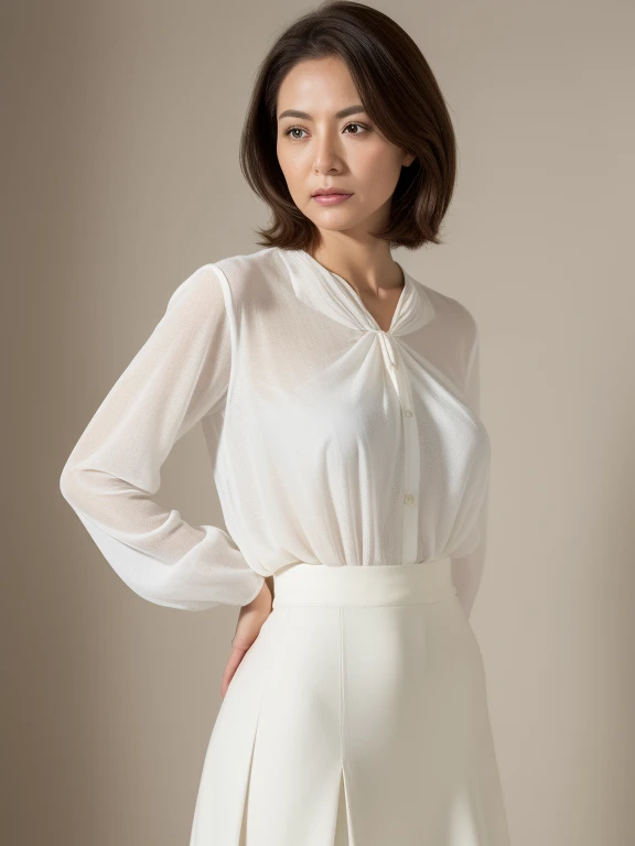 masuter piece, top-quality, masterpiece, hight resolution, Photorealsitic, Raw photography, 8k wallpaper, flawless, profetional lighting, ighly detailed, depth of fields, ((One beautiful woman)), ((40 years)), Female sexy, Classroom, ((Thin blouse of fabric, White flared skirt)), Detailed face, beautidful eyes, bangss, small breasts of good shape, Light Brown Straight Hair, Faint lips, ((Stand with your back turned and look at the viewer with a serious face)), The bra is clearly visible through the blouse., Her panties are clearly visible through her white skirt.,Emphasis on the buttocks, Erotic, knee out of frame,