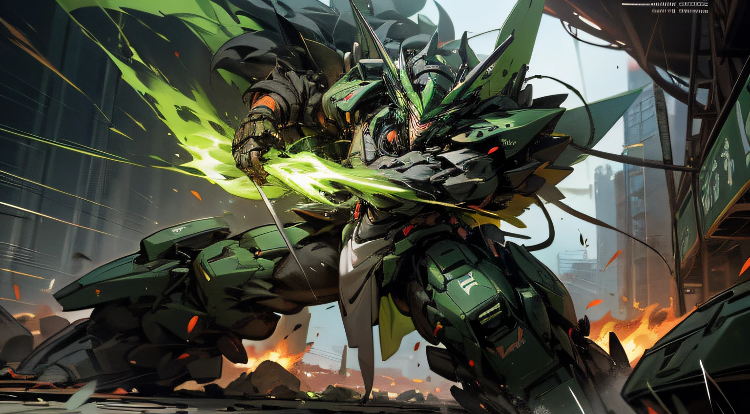 (a 50m tall green-black mecha and a 50m tall monster named Khang),(fighting),(battlefield),(smoke and fire)