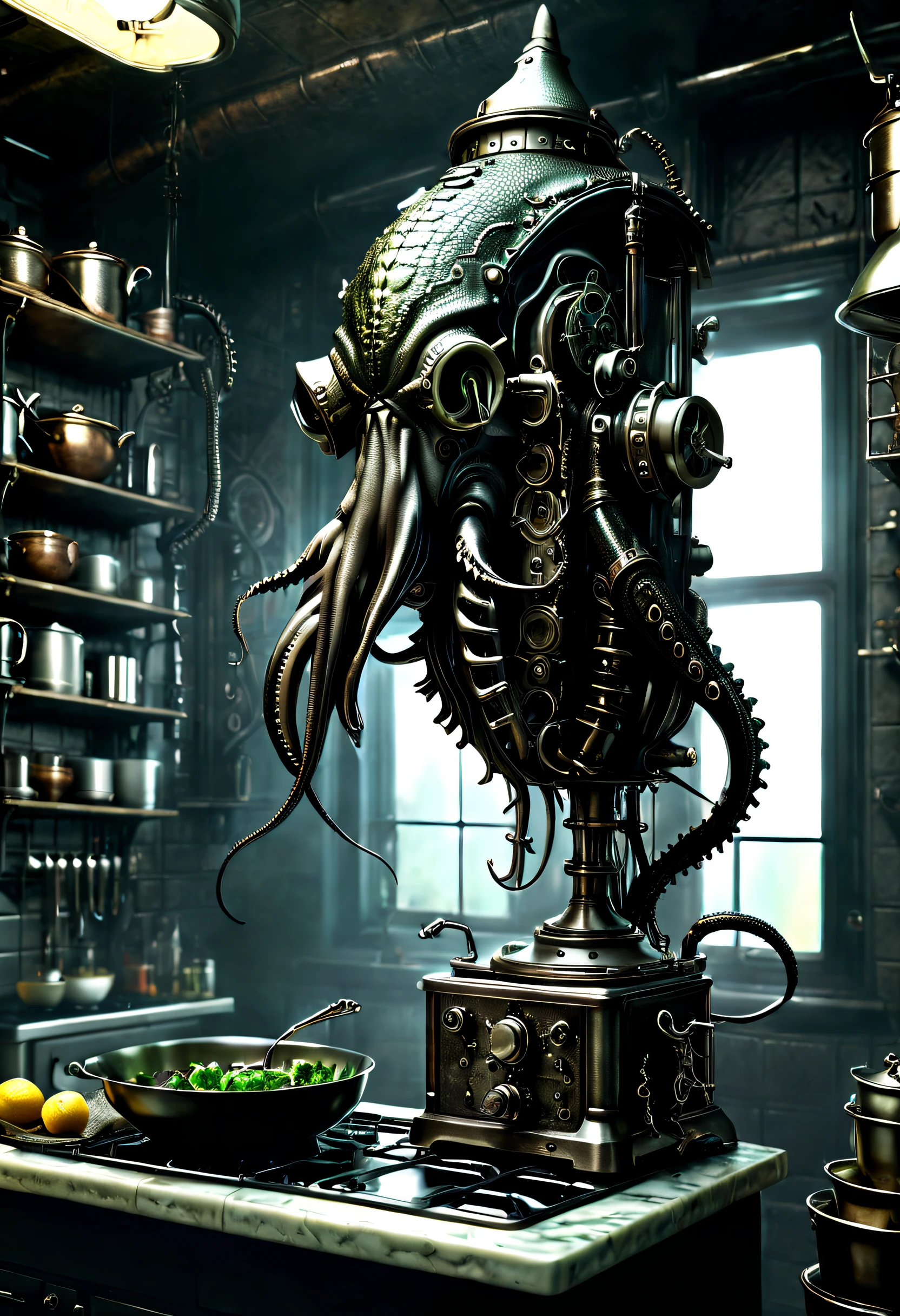 （squid shaped blender），（crocodile monster），goth style，punk，Creative product design，Very unified CG，Complicated details， Background with：kitchen wasteland, sci fi art, ，Excellent，hyper realisitc，Thriller，dennis ruston style，