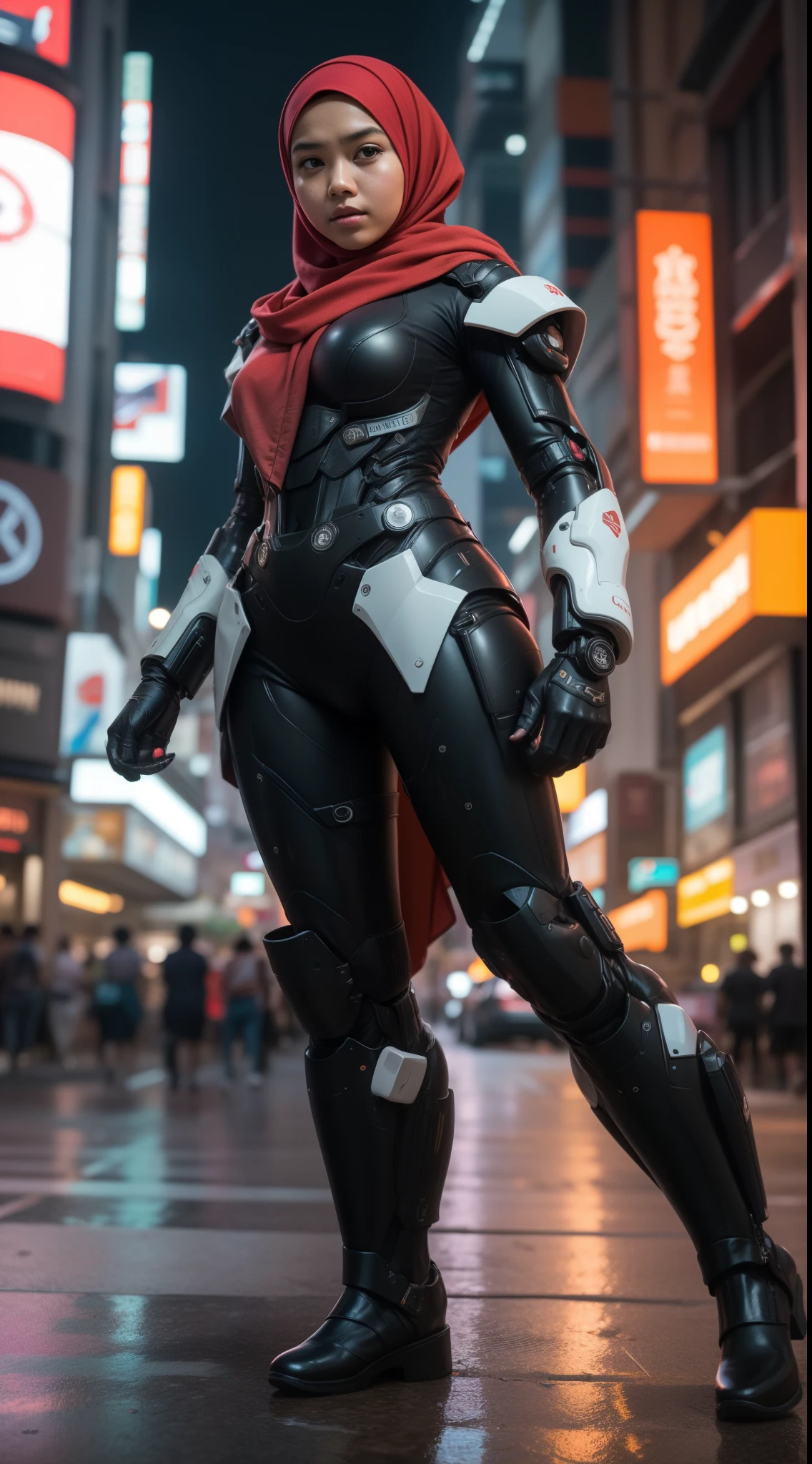 a malay teenage girl in hijab and mecha suit standing in action in front of bustling kuala lumpur malaysia city streets, serious face, nighttime, 35mm lense, Top-Down Shot, Deep Focus cinematography effect, Natural Lighting, cool-toned color grading, high quality, ultra detail, 8k resolution,