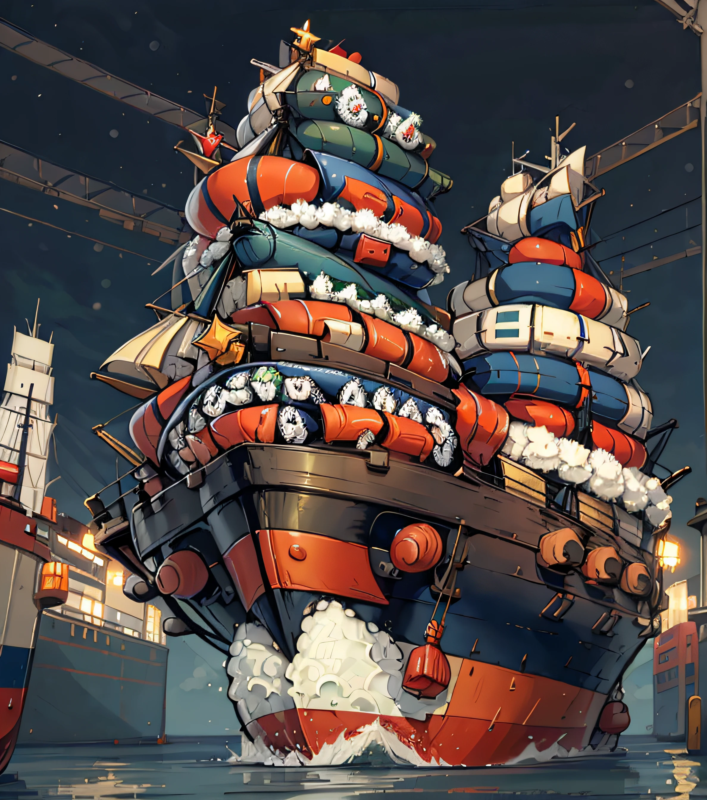 SushiStyle Christmas Tree, em tons de azul, with ship containers and vehicles in a port terminal