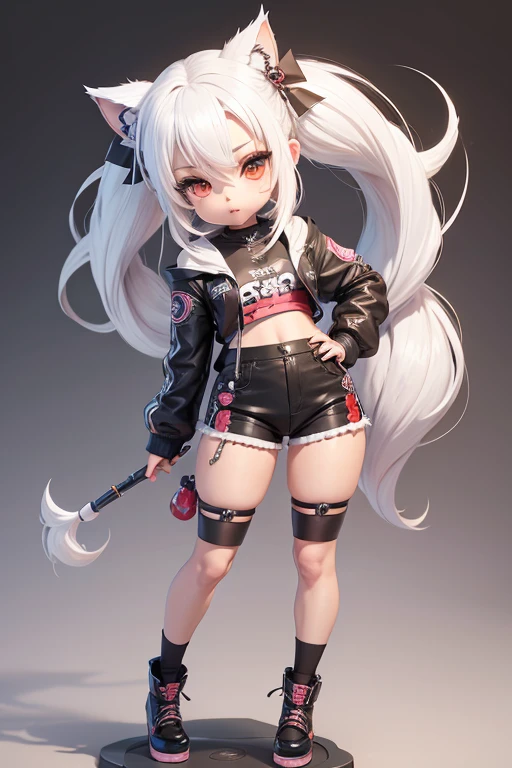 character naughty , ((chibi)) artist , stand front, half twin tail ,white hair, shorts ,cool ,vtuber character , Fish Tuna by clothes