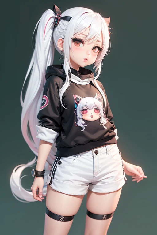character naughty , ((chibi)) artist , stand front, half twin tail ,white hair, shorts ,cool ,vtuber character , Fish Tuna by clothes