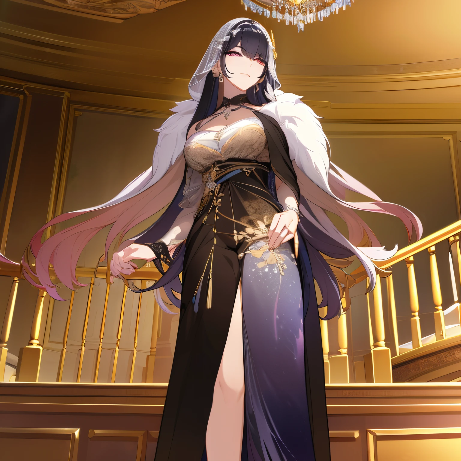 (best quality,4k,8k,highres,masterpiece:1.2),ultra-detailed,(realistic,photorealistic,photo-realistic:1.37),portraits,(HDR,UHD,studio lighting),(physically-based rendering,extreme detail description),vivid colors,bokeh,dark blue hair with bright blue streaks,sightly wavy hair,detailed eyes and face,white and black pantsuit with lots of embellishments and ribbons,confident expression,high fashion,standing in a luxurious hallway with marbled floors and golden accents,soft natural light streaming through windows,artistic golden chandeliers hanging from the ceiling,full-length mirror on the wall reflecting her stunning appearance,delicate lace curtains adding a touch of elegance to the scene,a gracious smile lighting up her face,stylish high heels,professional makeup highlighting her features,floral patterned wallpaper adding a feminine touch to the surroundings,a grand staircase in the background leading to a glamorous upper level,leisurely posed with one hand resting on the banister,sparkling diamond jewelry complementing her attire.Give clear instructions with dark blue hair with bright blue streaks, keep the hair slightly wavy, describe the eyes and face to ensure detailed features, dress her in a white and black pantsuit with lots of embellishments and ribbons, make sure she has a confident expression and a high fashion demeanor. For the setting, have her standing in a luxurious hallway with marbled floors and golden accents, with soft natural light streaming through windows. Add artistic golden chandeliers hanging from the ceiling and a full-length mirror reflecting her stunning appearance. Use delicate lace curtains for added elegance, along with floral patterned wallpaper. Include a grand staircase leading to a glamorous upper level, and have her leisurely posed with one hand resting on the banister. Make sure she is wearing stylish high heels and professional makeup to highlight her features, and add sparkling diamond jewelry to complement her attire.