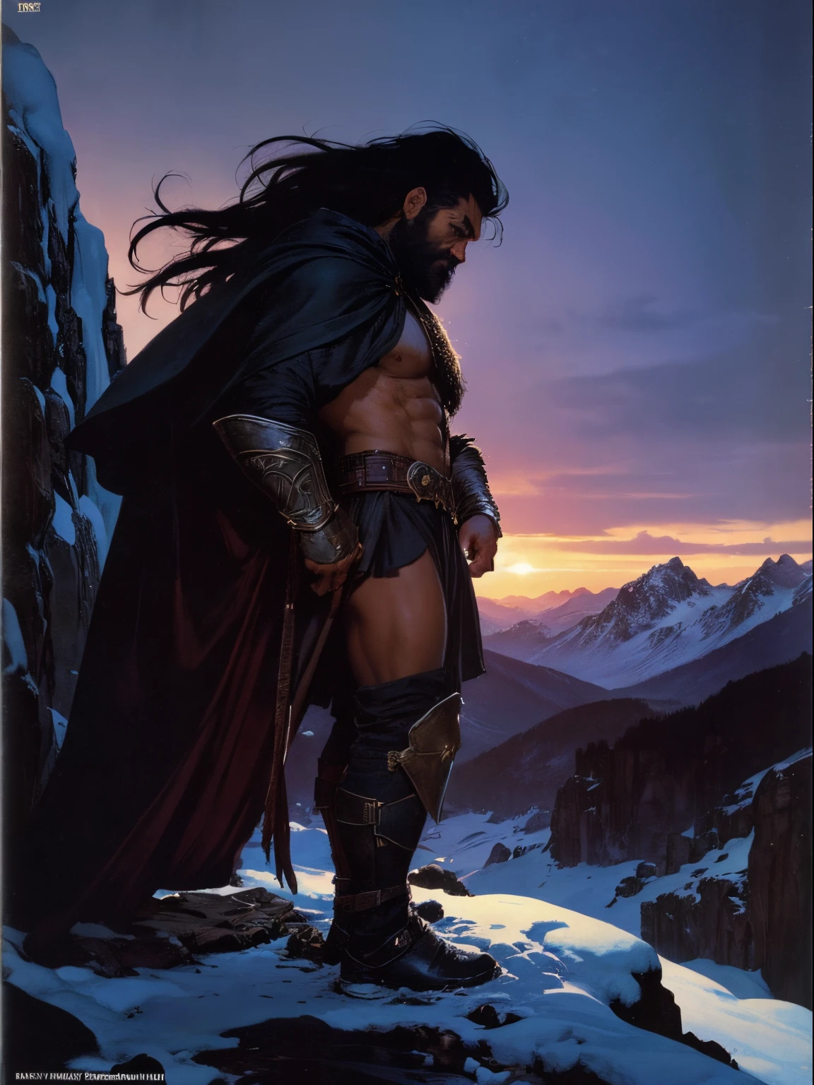 ((masterpiece, dark fantasy, best quality)), (camera from above), (1man), dark warrior standing on high icy stony wall, ((face to camera, camera from above,)), ((looking down into valley)) snowy mountains in the background, snowy evening, high details, (shadow, black hair, long beard, dark armour), brown eyes, fantasy, ((snowy evening, snowy mountains in background)), ((fantasy dark colors)), style of Frank Frazetta, 1986, fantasy