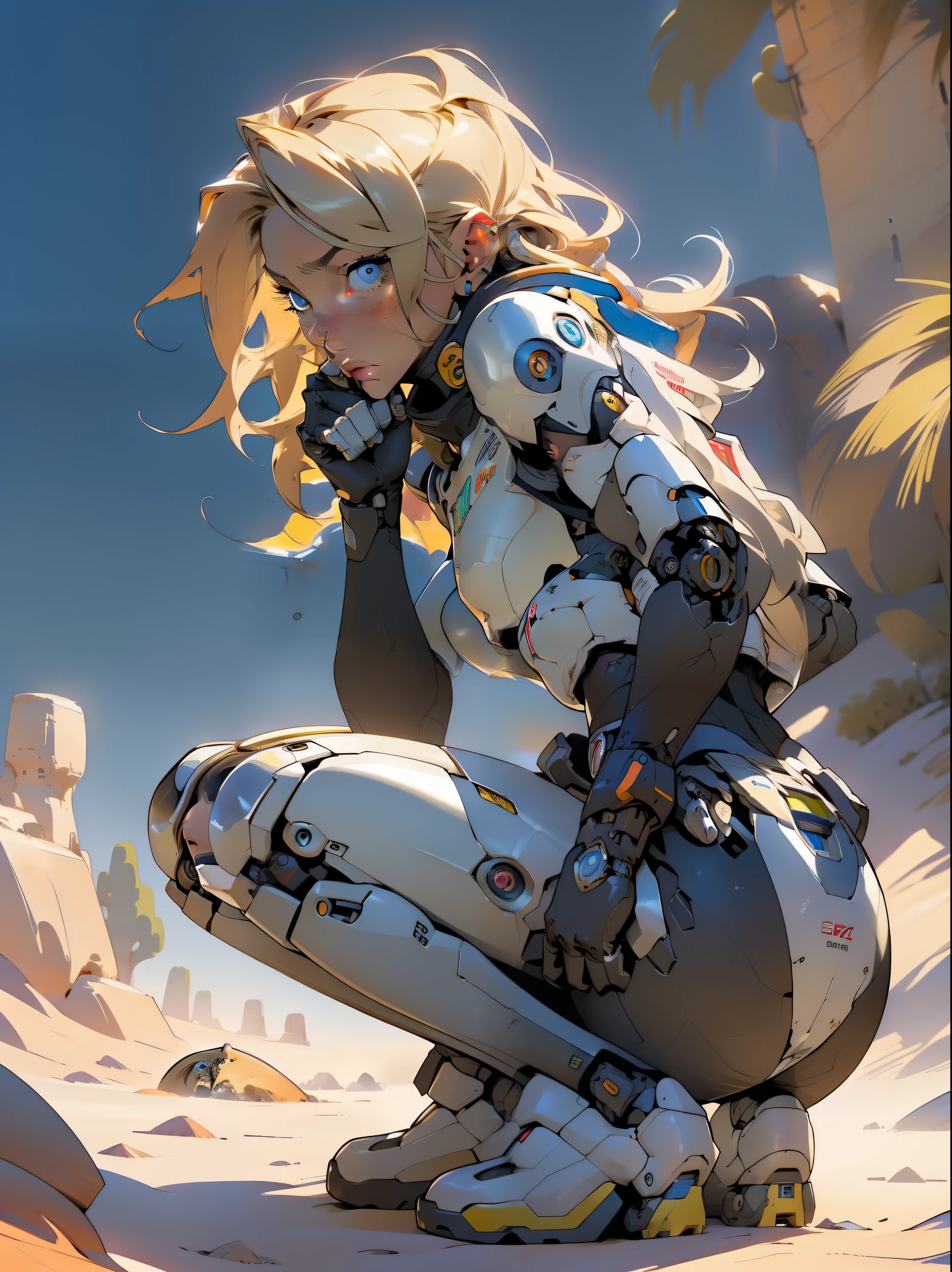 high quality, 4k, masterpiece, beautiful, cyborg girl, squatting down, dull eyes, back side, rear view, turning around to look at viewer, long blonde hair, girl, small breasts, fit thigh, robotic arms, robotic body, cyborg body, yellow accent, redaccent, intricate detail, joint, detailed lines, robotic detail, holding a fist up, color robotic parts, robotic parts with color, perfect fingers, on a desert planet, sunny background, colorful desert,