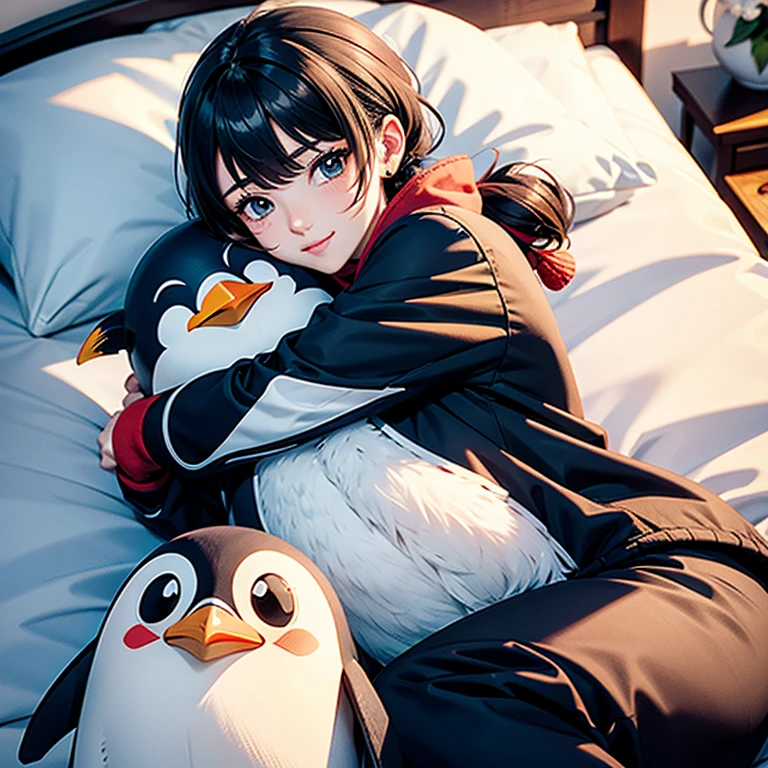 Genshin impact character Keqing, cuddles a stuff penguin ,cute