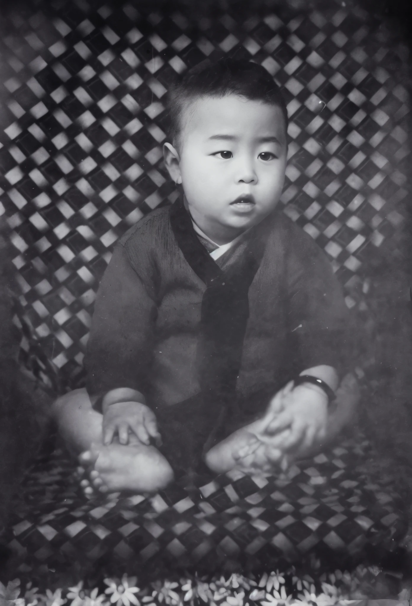 Arafed image of a boy sitting in a chair with his hands in his lap., Small children, Inspired by Nam Gye-u, Jimin, Ji Yoon Chae, Traditional portrait, taejune kim, portait image, Kim Jung-ki, Classic portraits, baby, Kim Jong-ki, lad, Yu Li Ban, korean artist, Add realistic details to the hands and feet. Children&#39;s natural skin color,