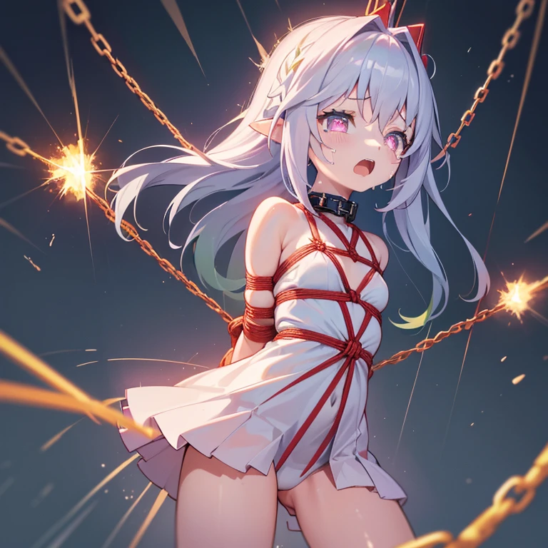 Best Quality, (cute petit girl:1.3), flat chest,Beautiful pink eyes、Lori、(Cuteness beyond limits),(high-leg swimsuit),lovely thighs,glowing thigh,is crying,White high-leg、(Shibari, arms behind back:1.4), (Shibari, arms behind back:1.4), (hands behind back),High-leg swimwear(((Violence、Girl suffering from severe pain due to electric shock))))、(((The girl has a chain wrapped around her body:1.5)))、(((woman hit with stun gun、severe pain:1.5、electric shock:1.3、discharge:1.5、Open your mouth and suffer:1.5)))、Chained to the crotch like BDSM、You have an electric shock、Metamorphosis、Chained to the crotch like BDSM、Chained to the crotch like BDSM、hanged girl