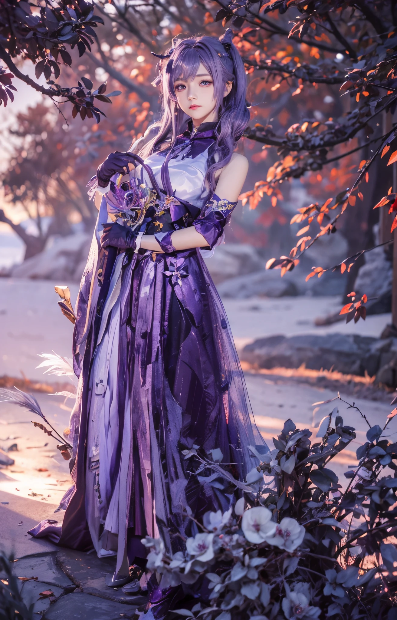 masterpiece, best quality, detailed, depth of field, ultra realistic, photorealistic, realistic face and eyes, realistic skin texture, cinematic lighting, ulzzang-6500, Tyndall effect, sword, blank background, (looking to viewer), eyes looking to viewer.
1girl, (frown, closed mouth), keqing_\(genshin_impact\), purple_eyes, purple hair, twintails, sharp eyes, serious face, gloves, hands holding sword, lightning glowing sword, purple lightning,
filmg
