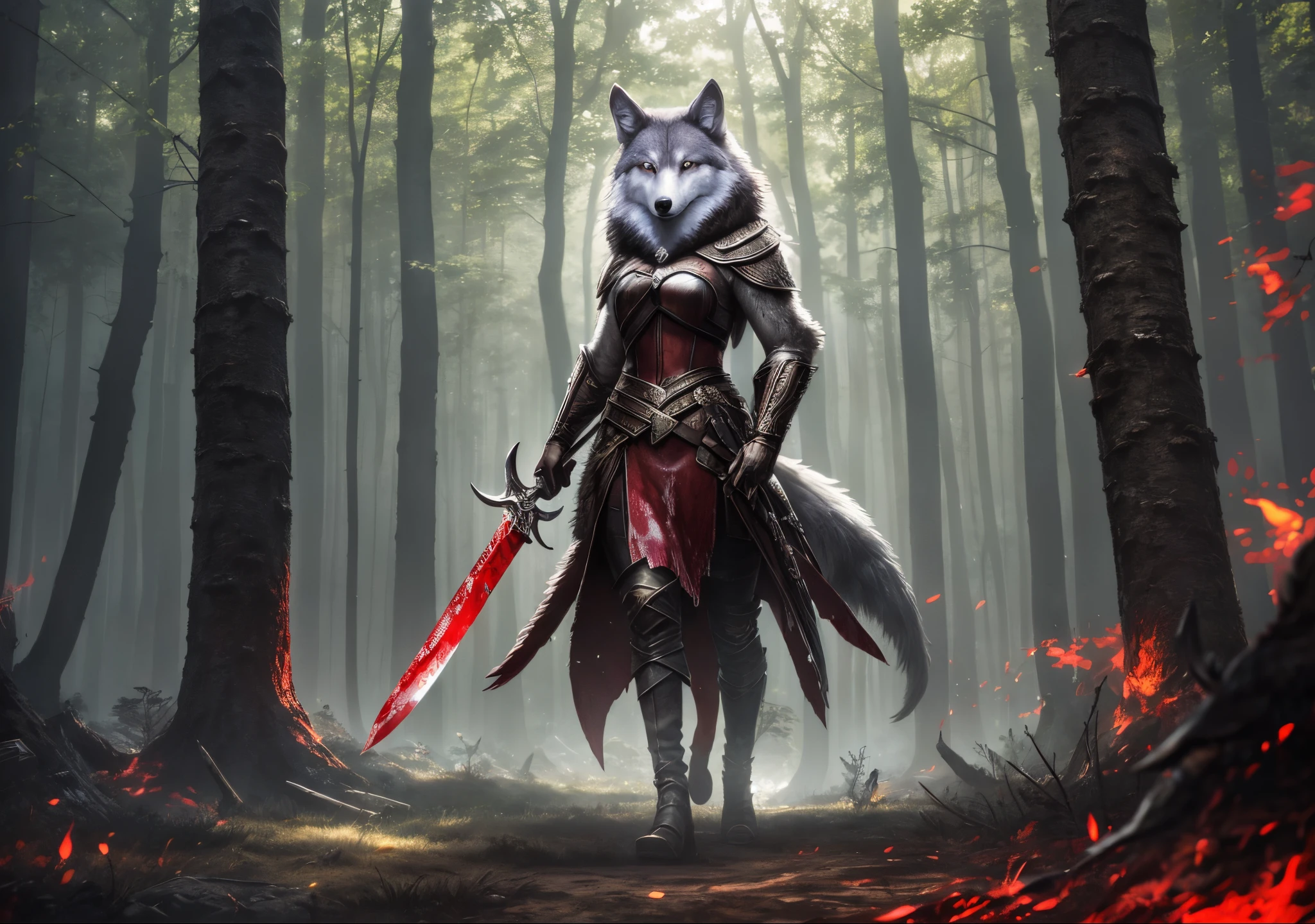 8K, ultra HD, wolf-headed female general standing in front of a giant monster with a knife, covered in blood. All the birds and beasts in the forest flew into the sky, a ray of sunlight into the forest, the whole body, wallpaper - size 1:1 --auto --s2