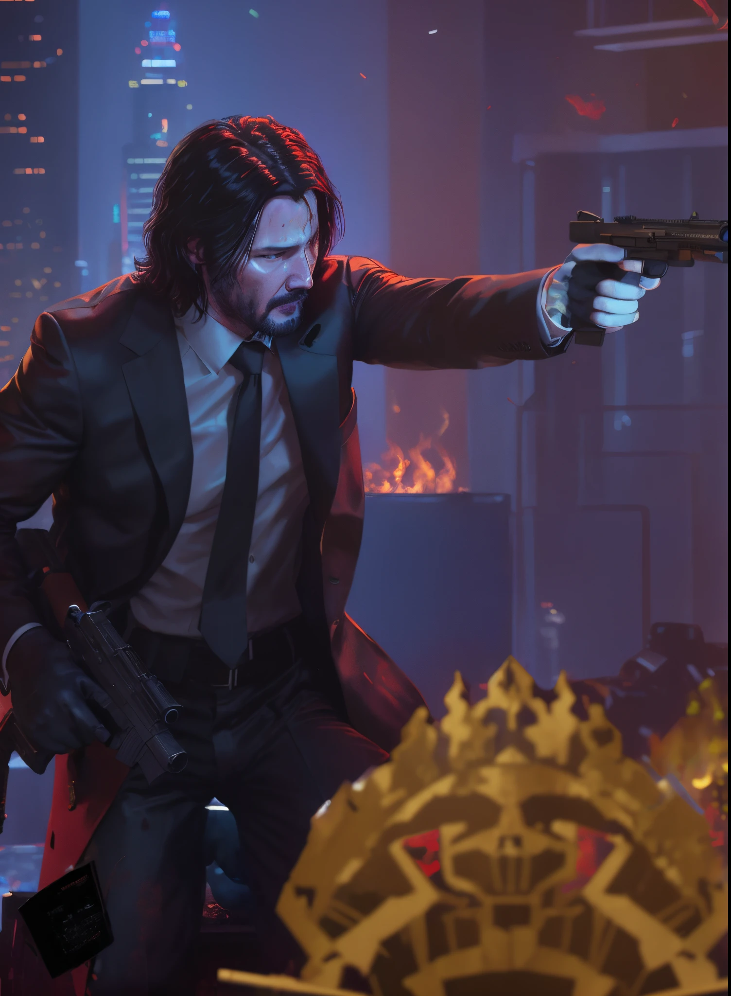 There&#39;s a man with a gun in a burning room, portrait of john wick, John Wick, From the new John Wick movie, in the john wick movie, headquarters 4k wallpaper, Badass composition, Disco Elysium Keanu Reeves, Cyberpunk Jesus Christ, Wojtechfors, Artgerm and Atey Ghailan, shadowrun splatter art